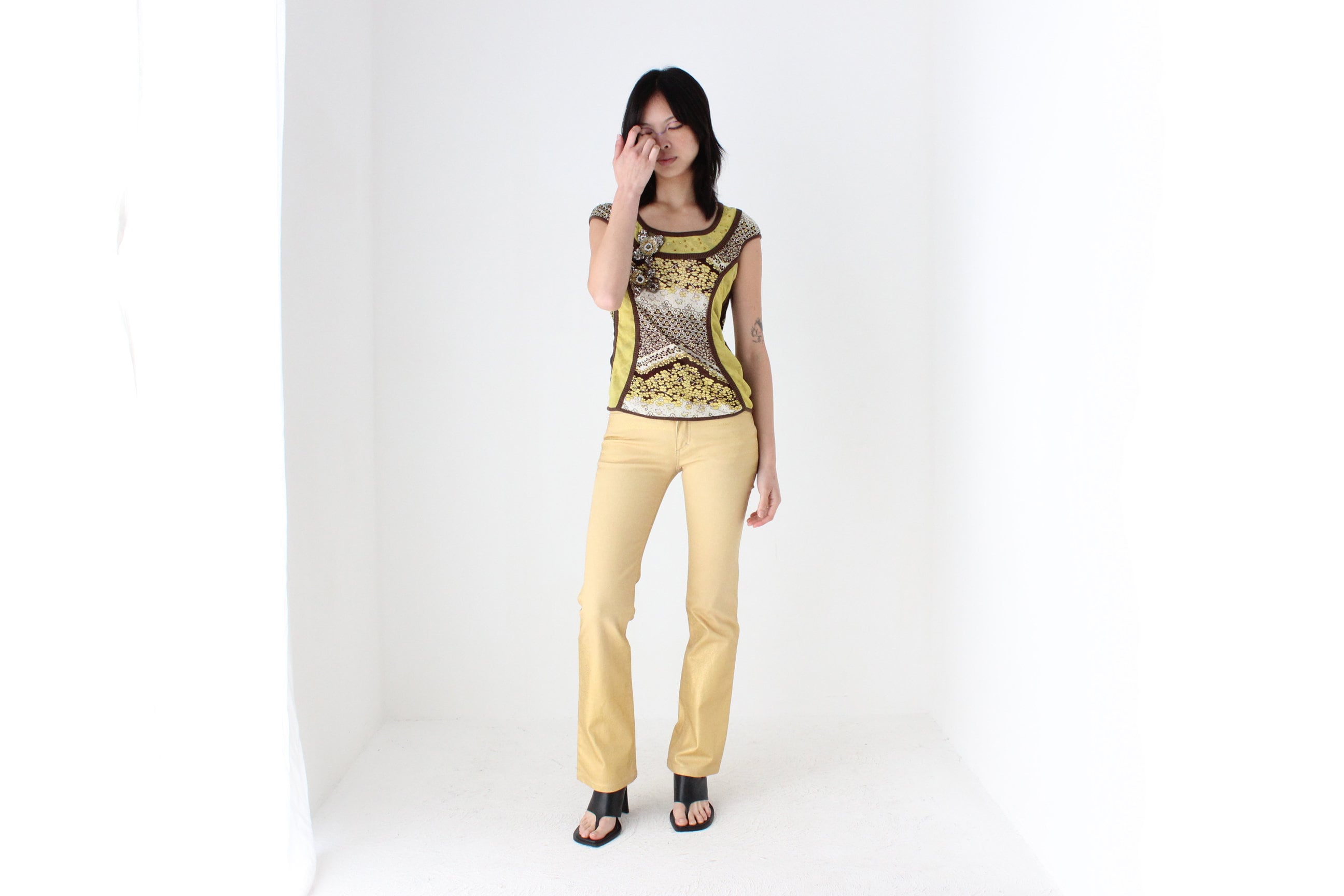 Y2K Roberto Cavalli Sprayed Metallic Leather-Look Gold Jeans