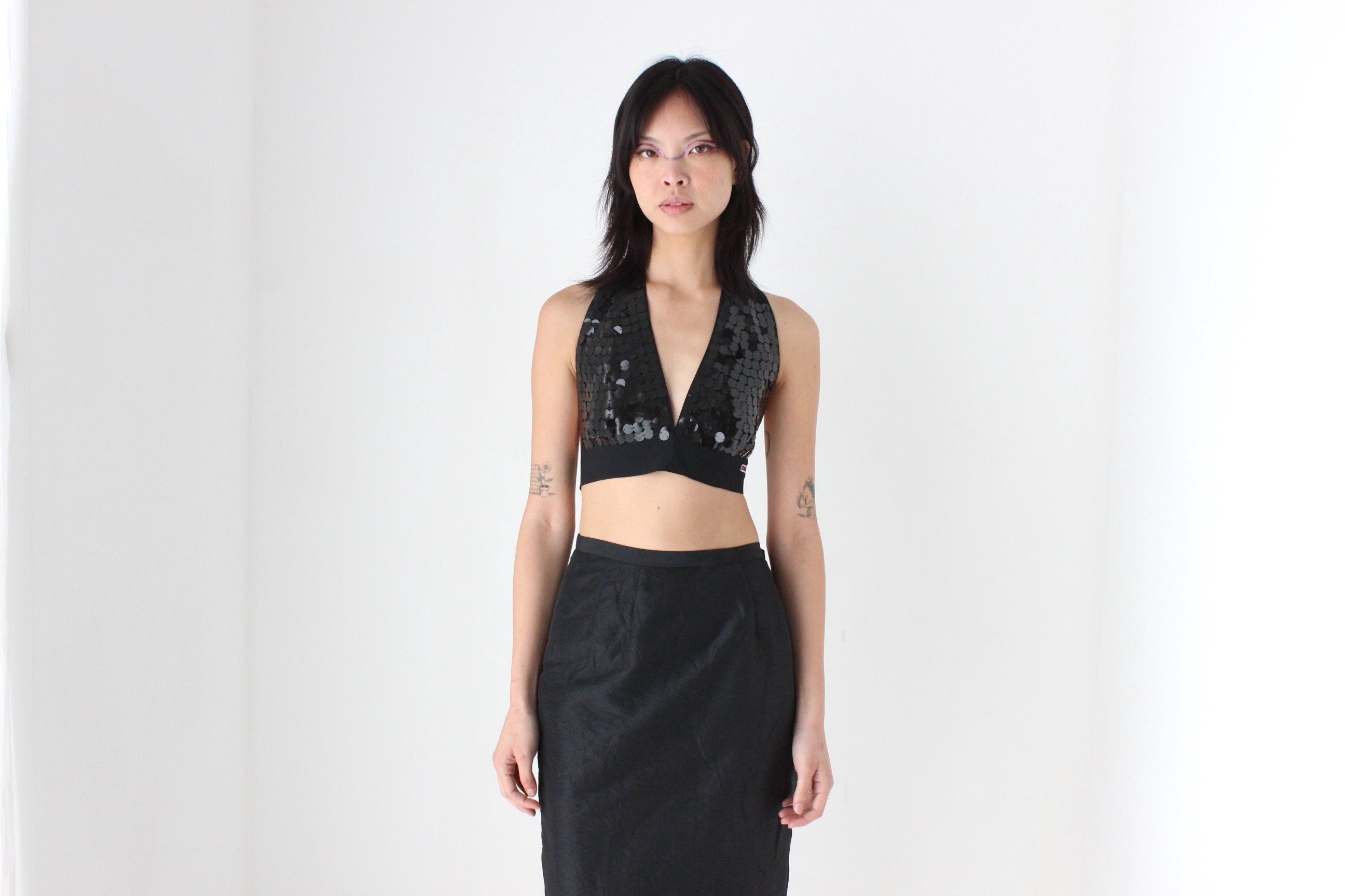 80s Sequin Plunge Neck Tie Up Halter Crop Top