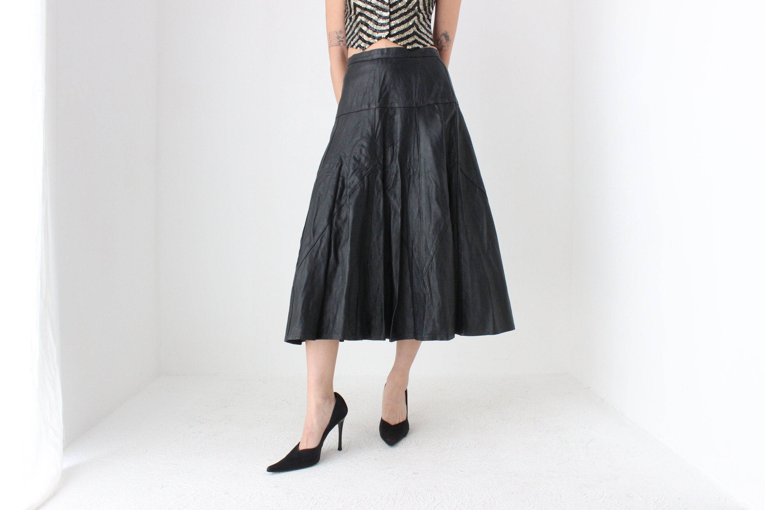 80s Black LEATHER High Waist Full Midi Skirt