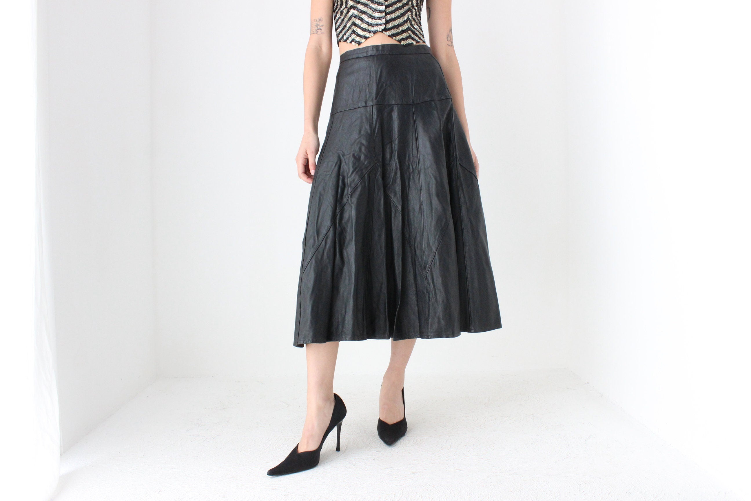 80s Black LEATHER High Waist Full Midi Skirt