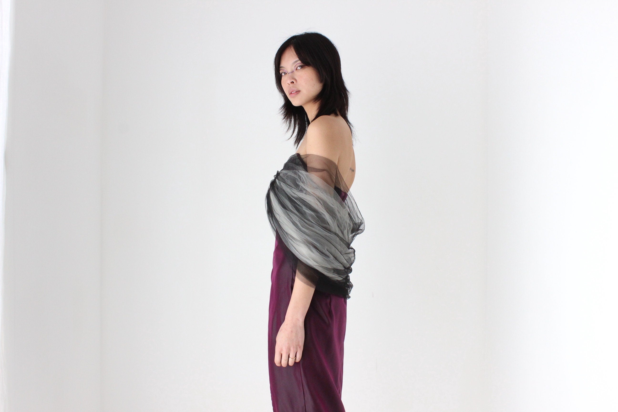 80s 'Shute Boss' Dramatic Fitted Taffeta Dress w/ Sculptural Tulle Shawl