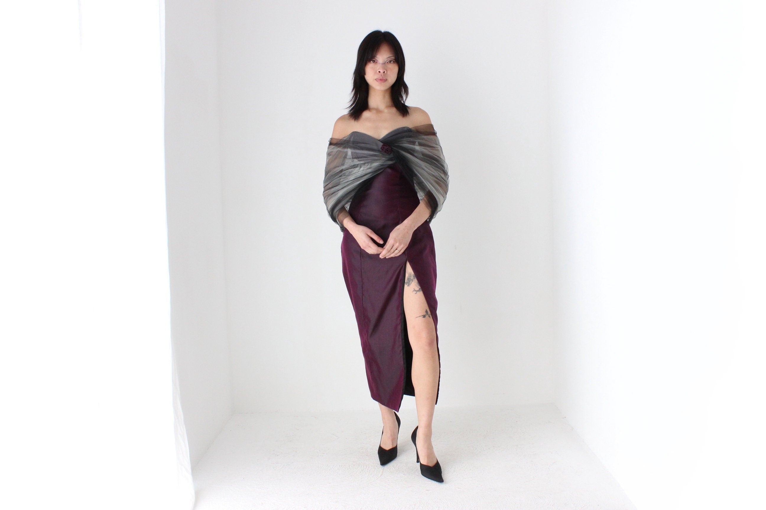 80s 'Shute Boss' Dramatic Fitted Taffeta Dress w/ Sculptural Tulle Shawl