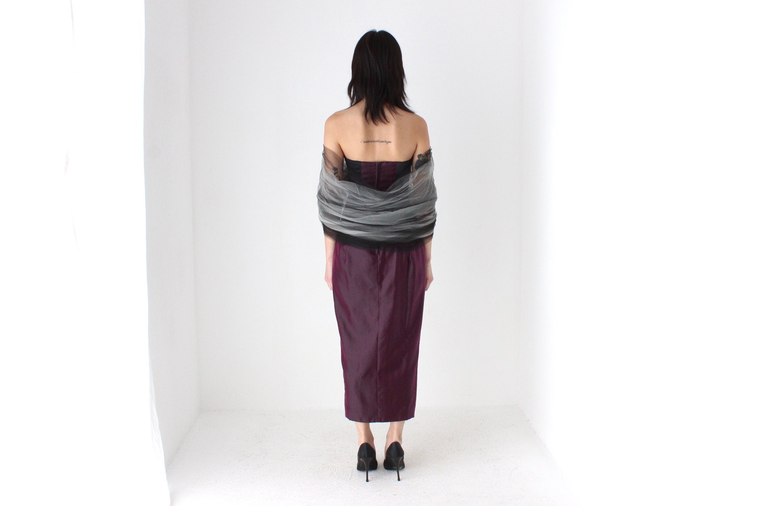 80s 'Shute Boss' Dramatic Fitted Taffeta Dress w/ Sculptural Tulle Shawl
