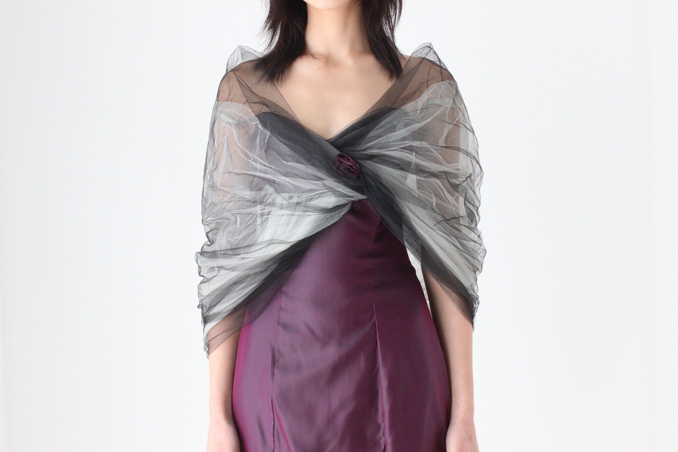 80s 'Shute Boss' Dramatic Fitted Taffeta Dress w/ Sculptural Tulle Shawl