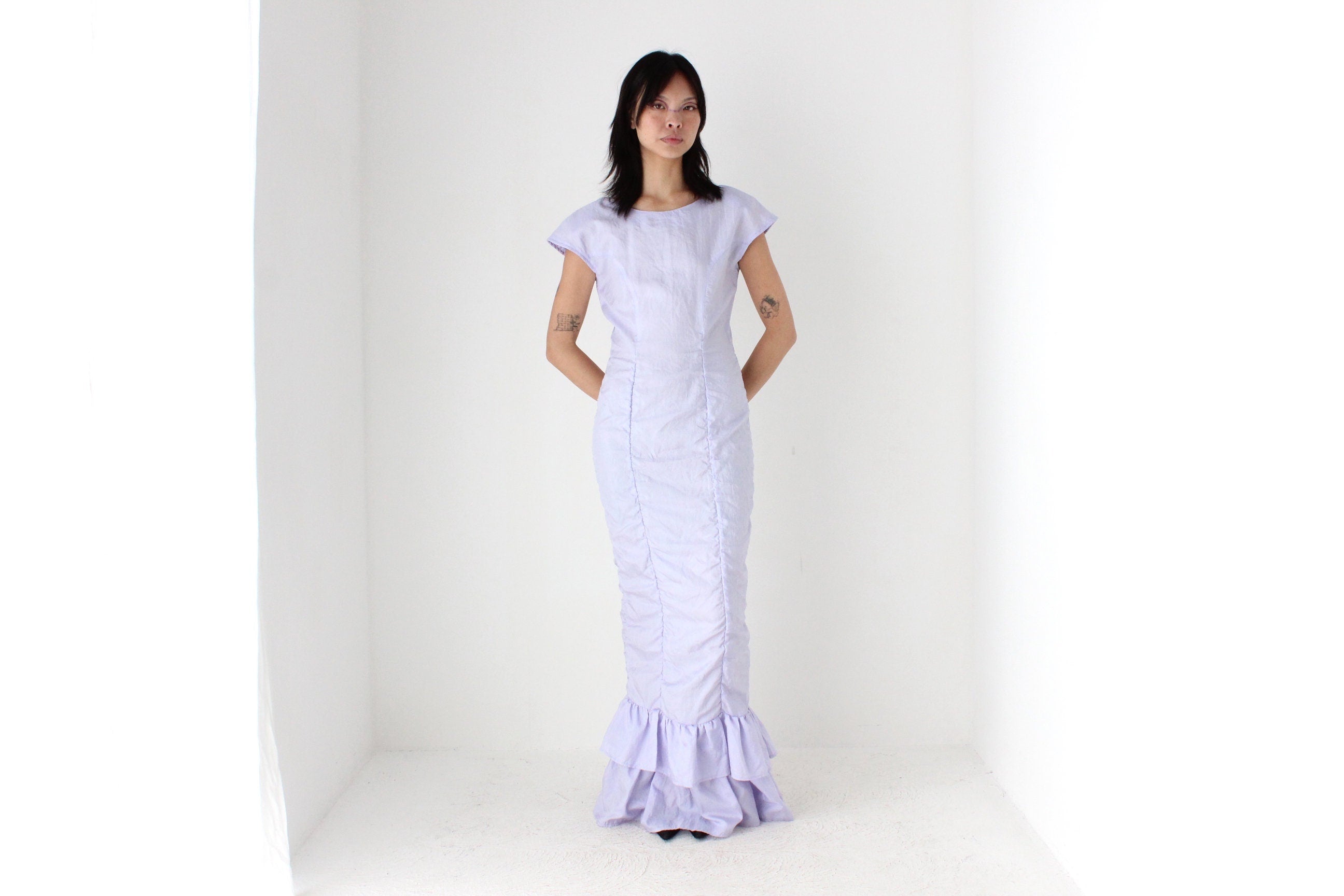 80s Pastel Taffeta Ruched & Ruffle Party Dress