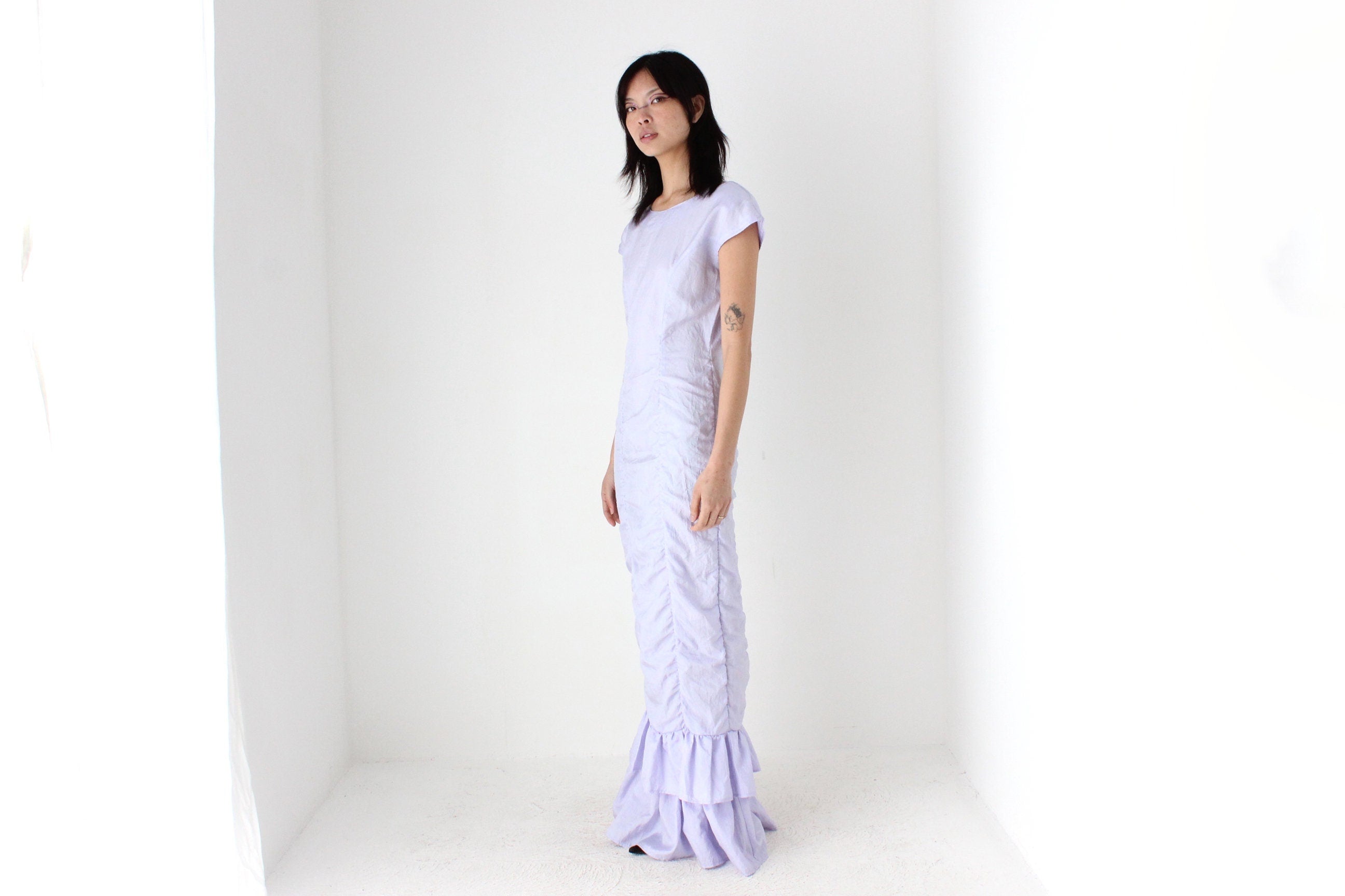 80s Pastel Taffeta Ruched & Ruffle Party Dress