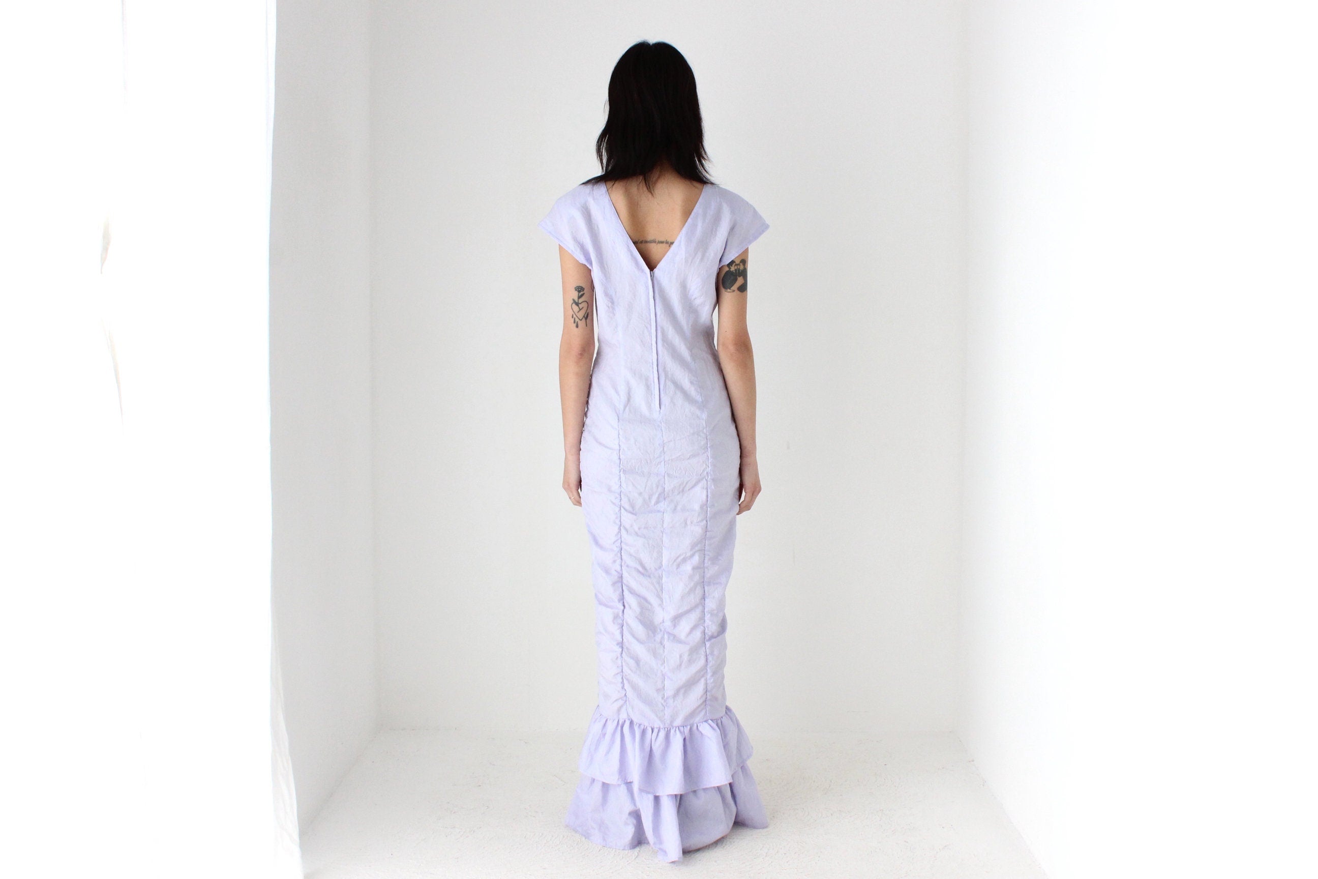 80s Pastel Taffeta Ruched & Ruffle Party Dress