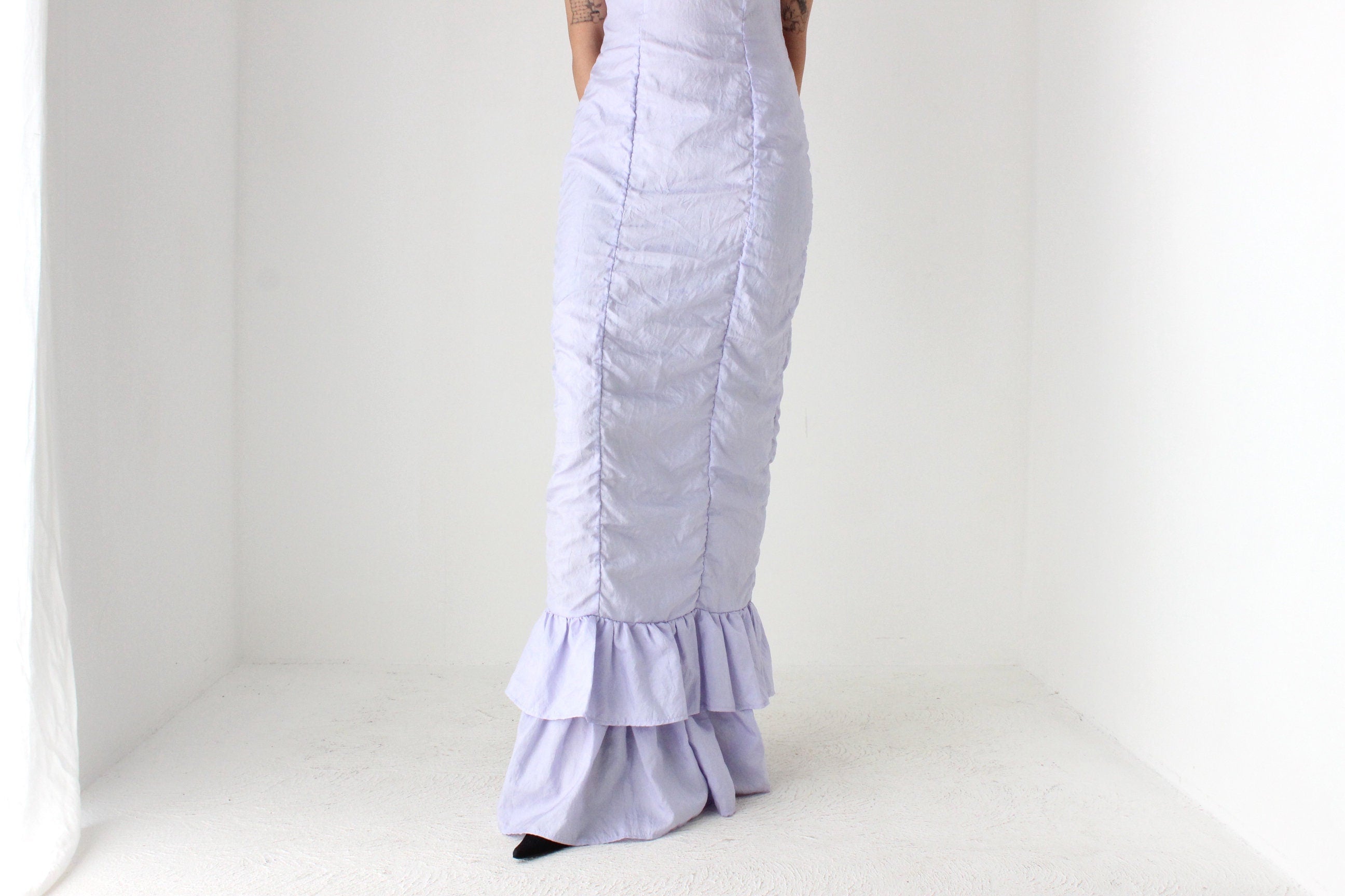 80s Pastel Taffeta Ruched & Ruffle Party Dress