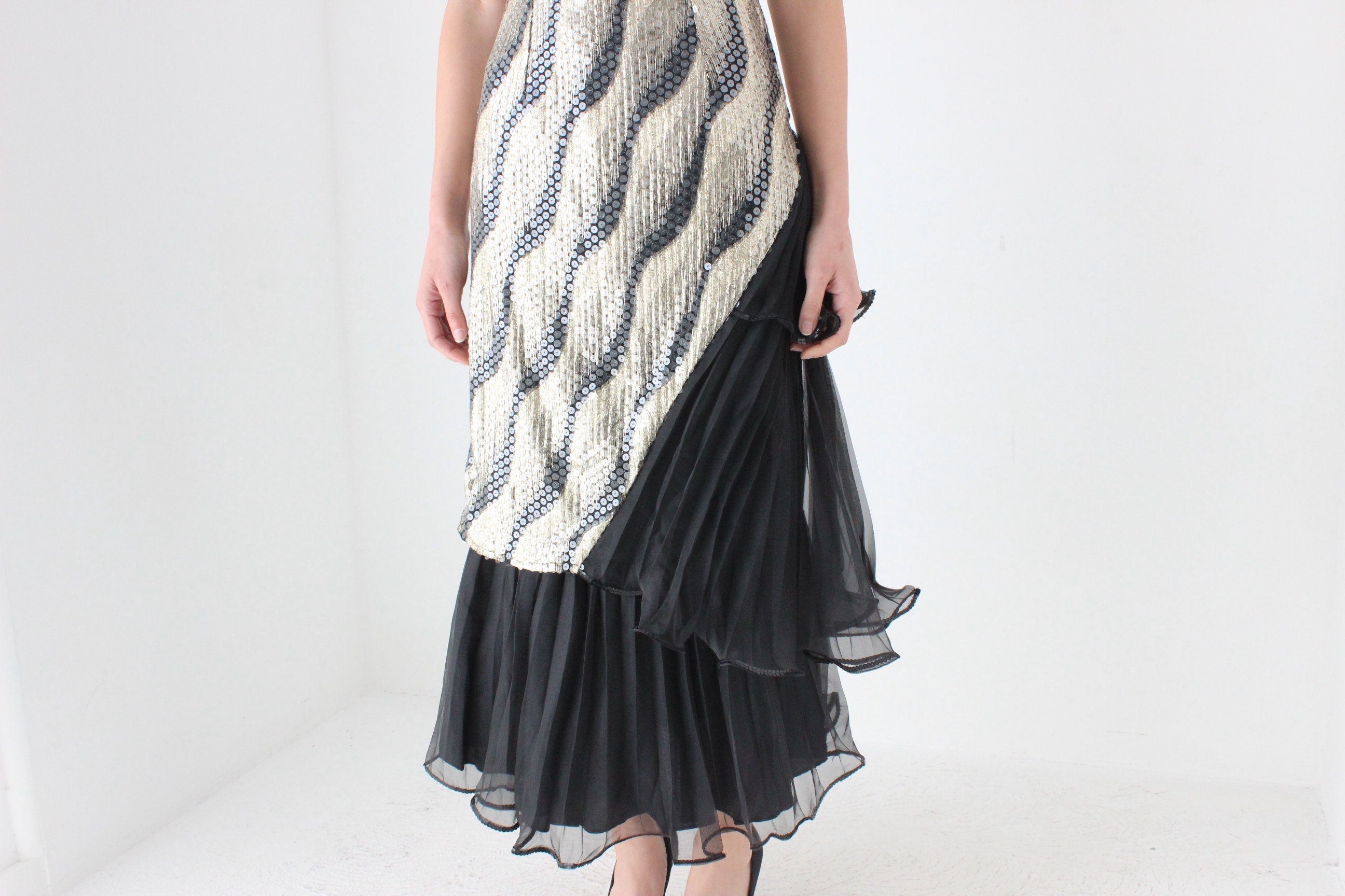 Maximalist 80s Sequin & Pleat Asymmetric Party Dress by Mr. K