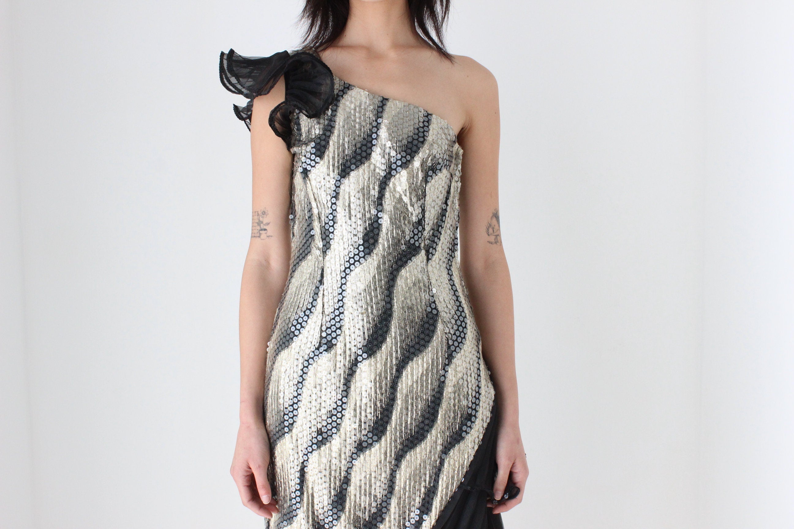 Maximalist 80s Sequin & Pleat Asymmetric Party Dress by Mr. K