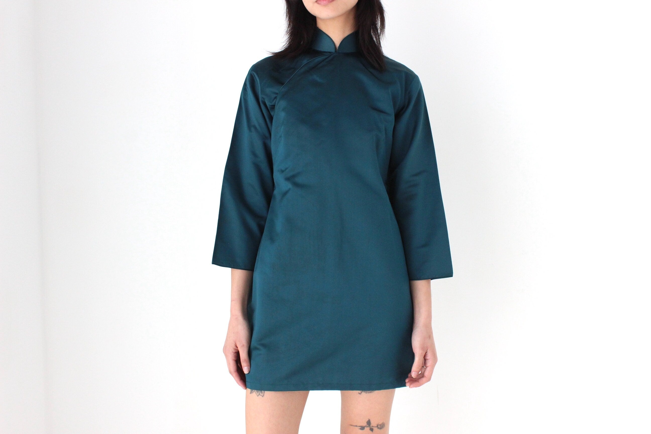 80s PURE SILK Metallic Teal Cheongsam Collar Mini Dress