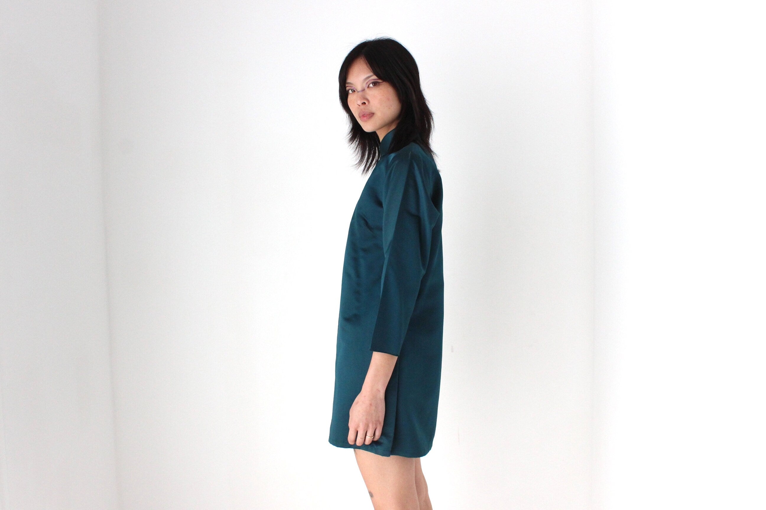 80s PURE SILK Metallic Teal Cheongsam Collar Mini Dress