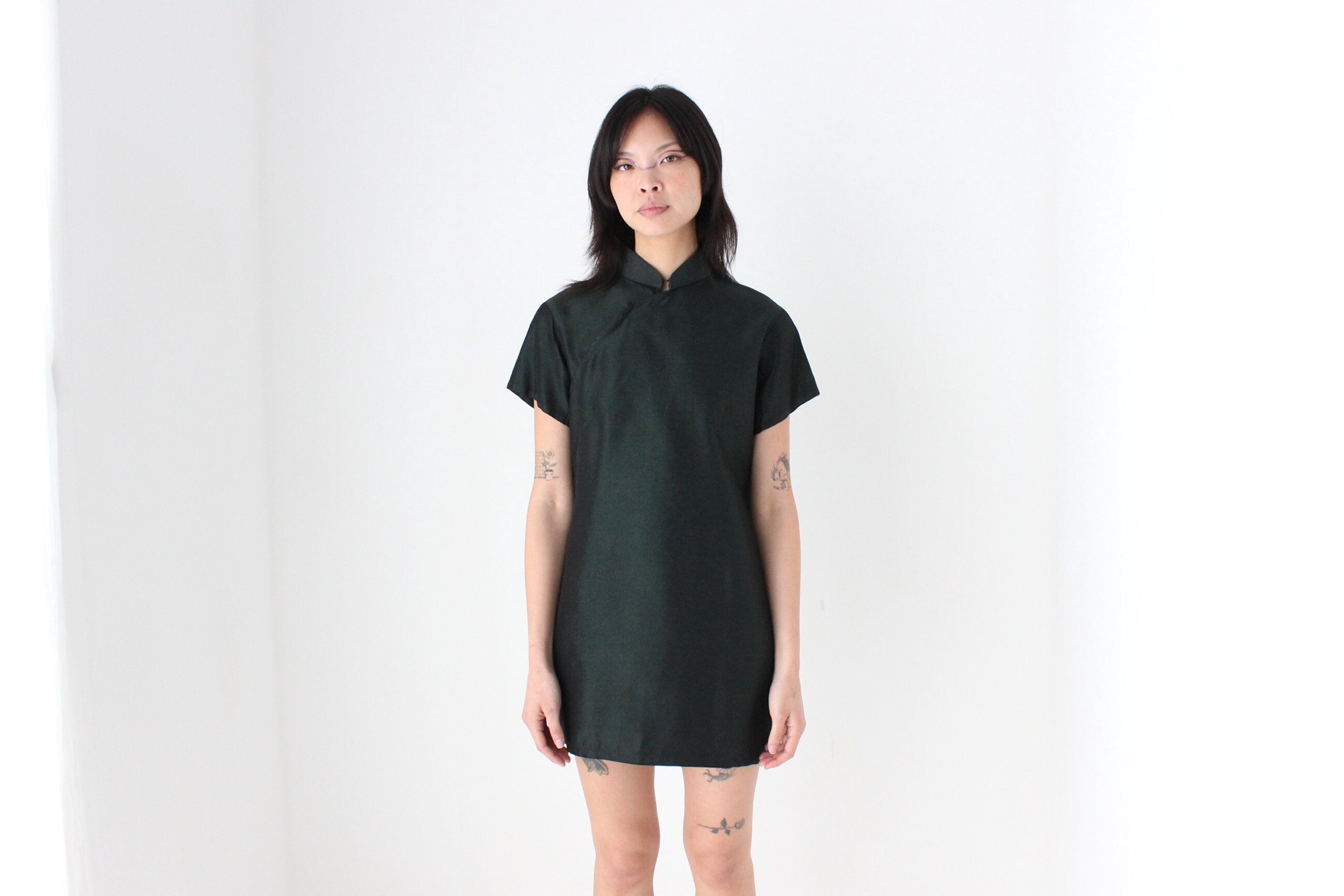 80s Custom Made Metallic Green Cheongsam Collar Tee Dress