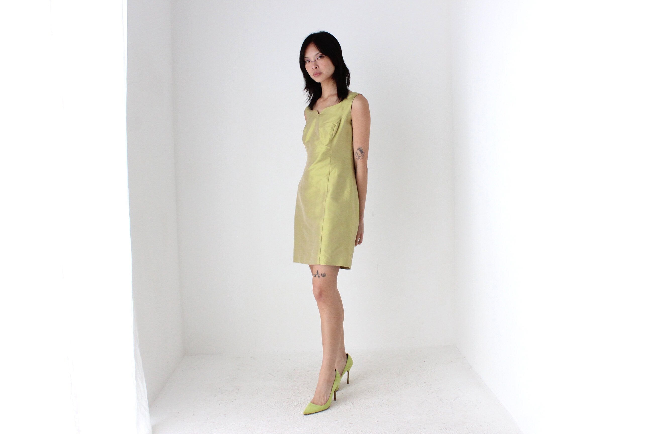 80s Iridescent Green Silk Holographic Mini Dress