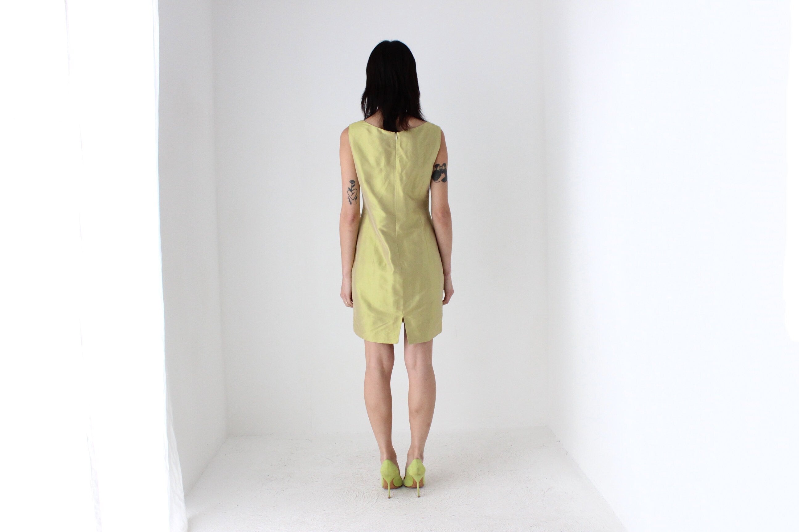 80s Iridescent Green Silk Holographic Mini Dress