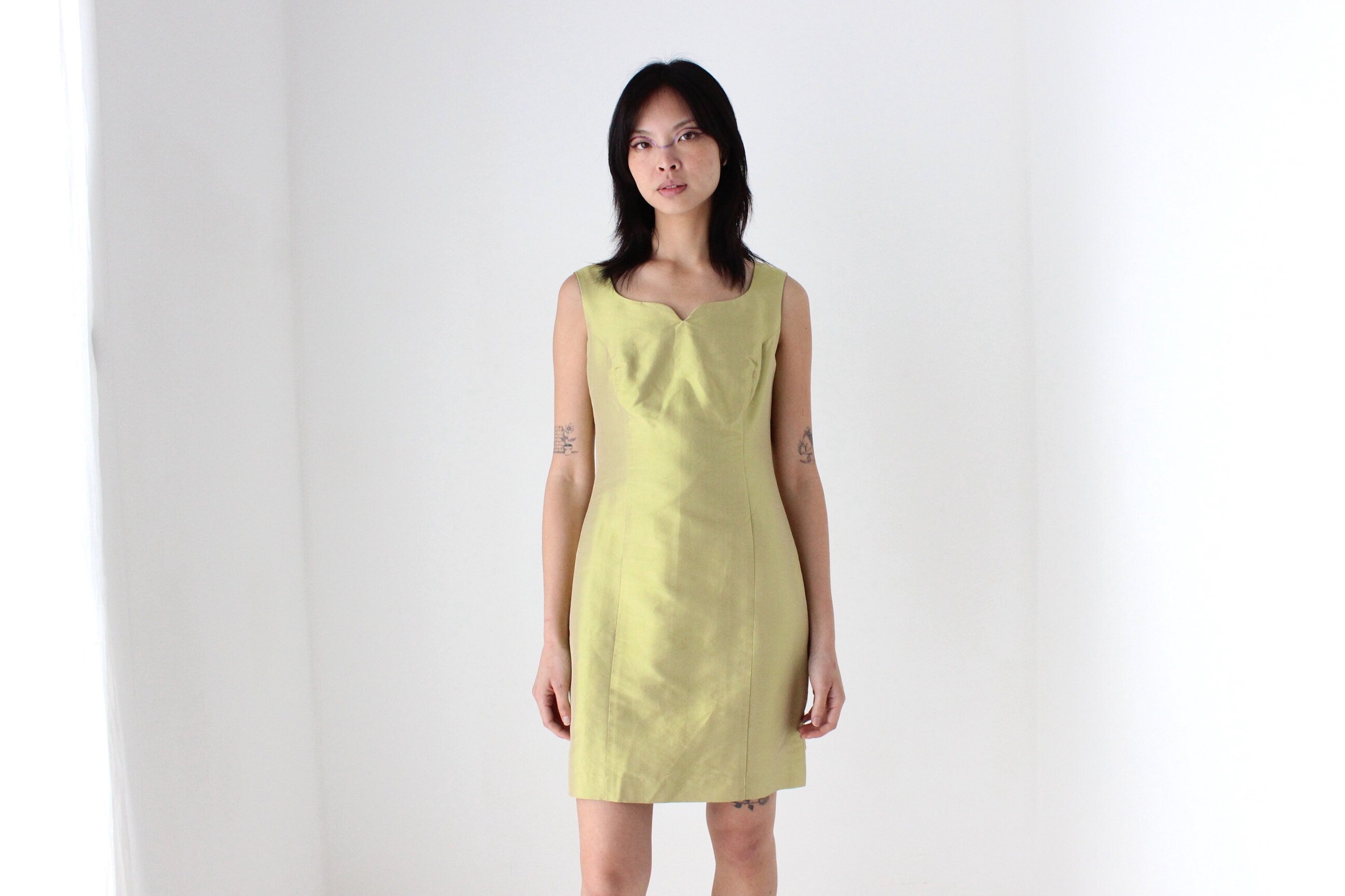 80s Iridescent Green Silk Holographic Mini Dress