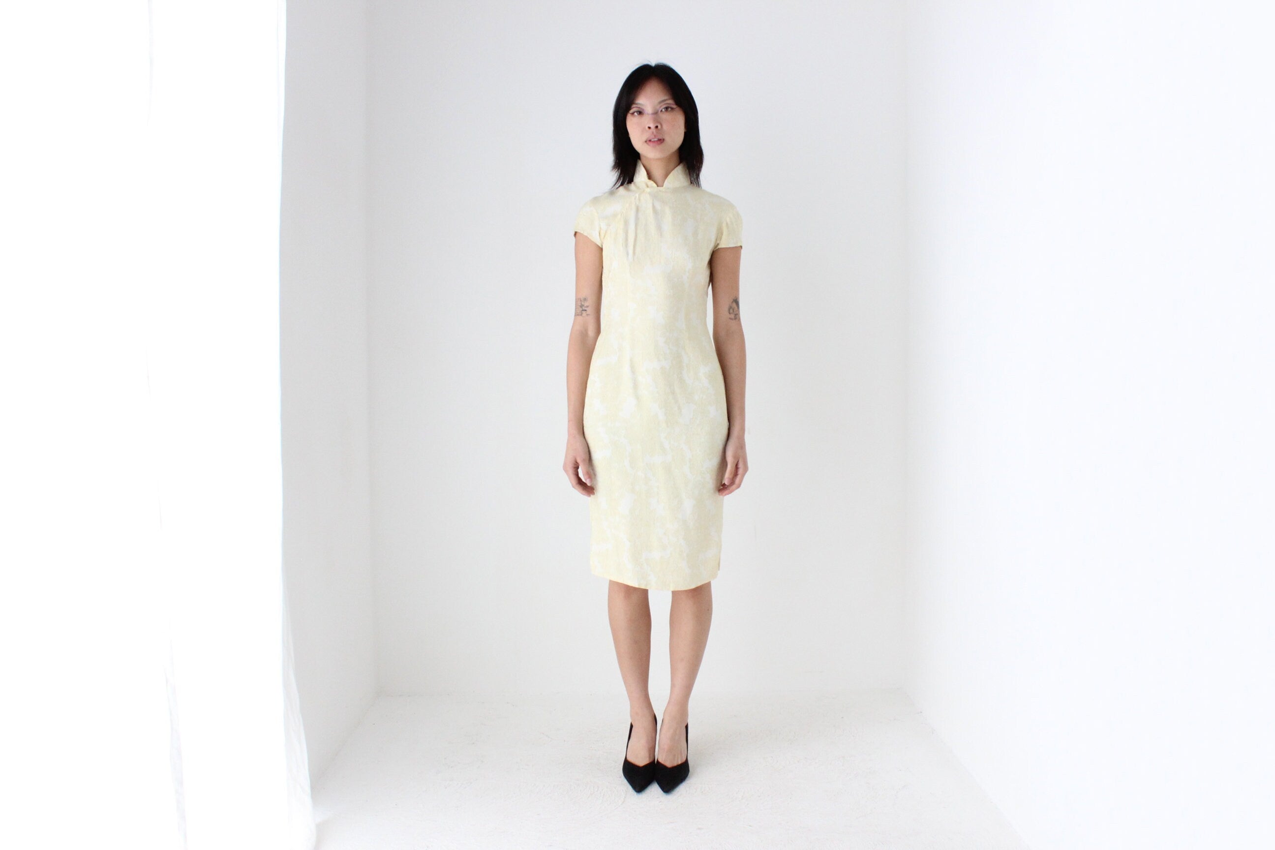 80s Custom Hong Kong Made Cheongsam Collar Fitted Dress
