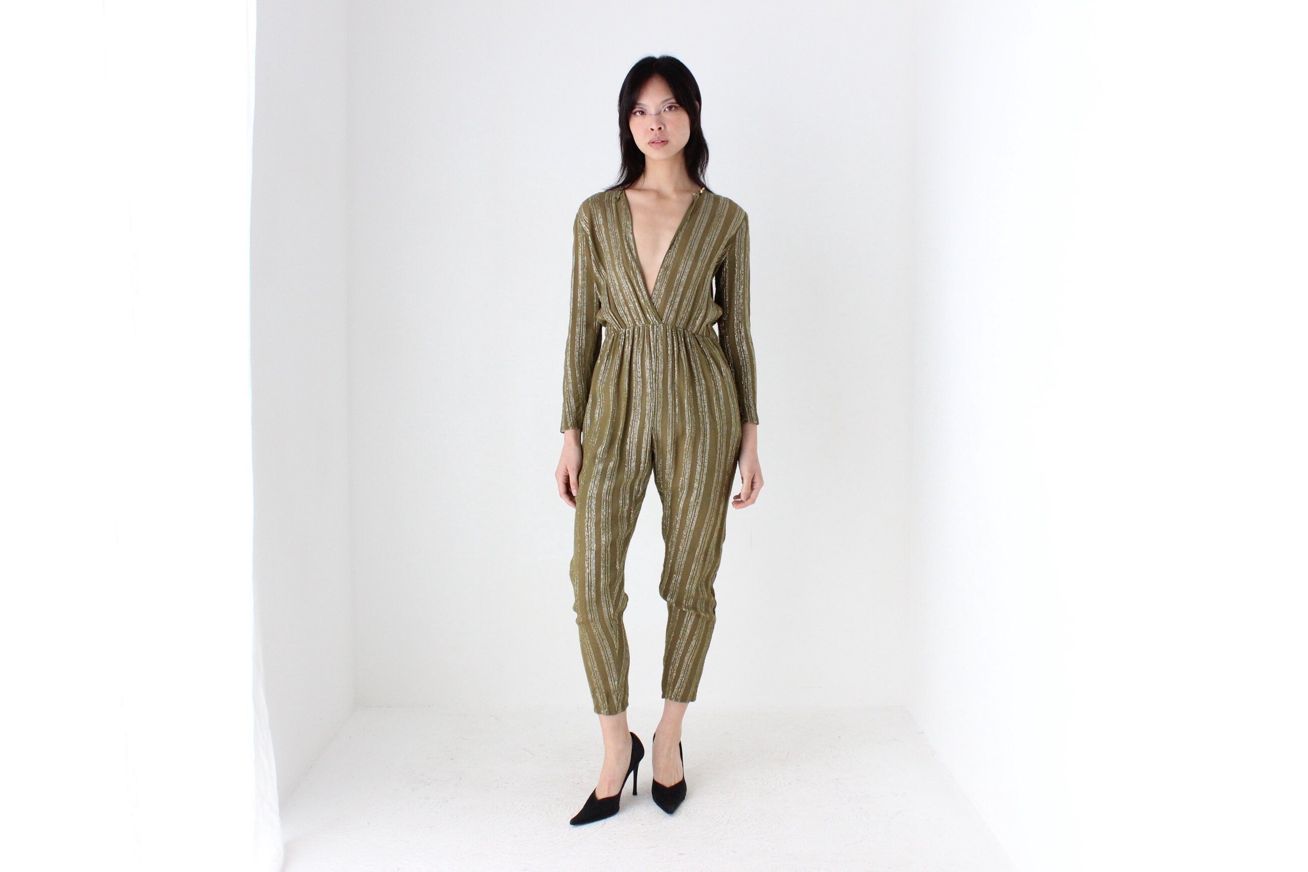 70s Rayon Metallic Lamé STUDIO 54 Plunge Neck Disco Jumpsuit