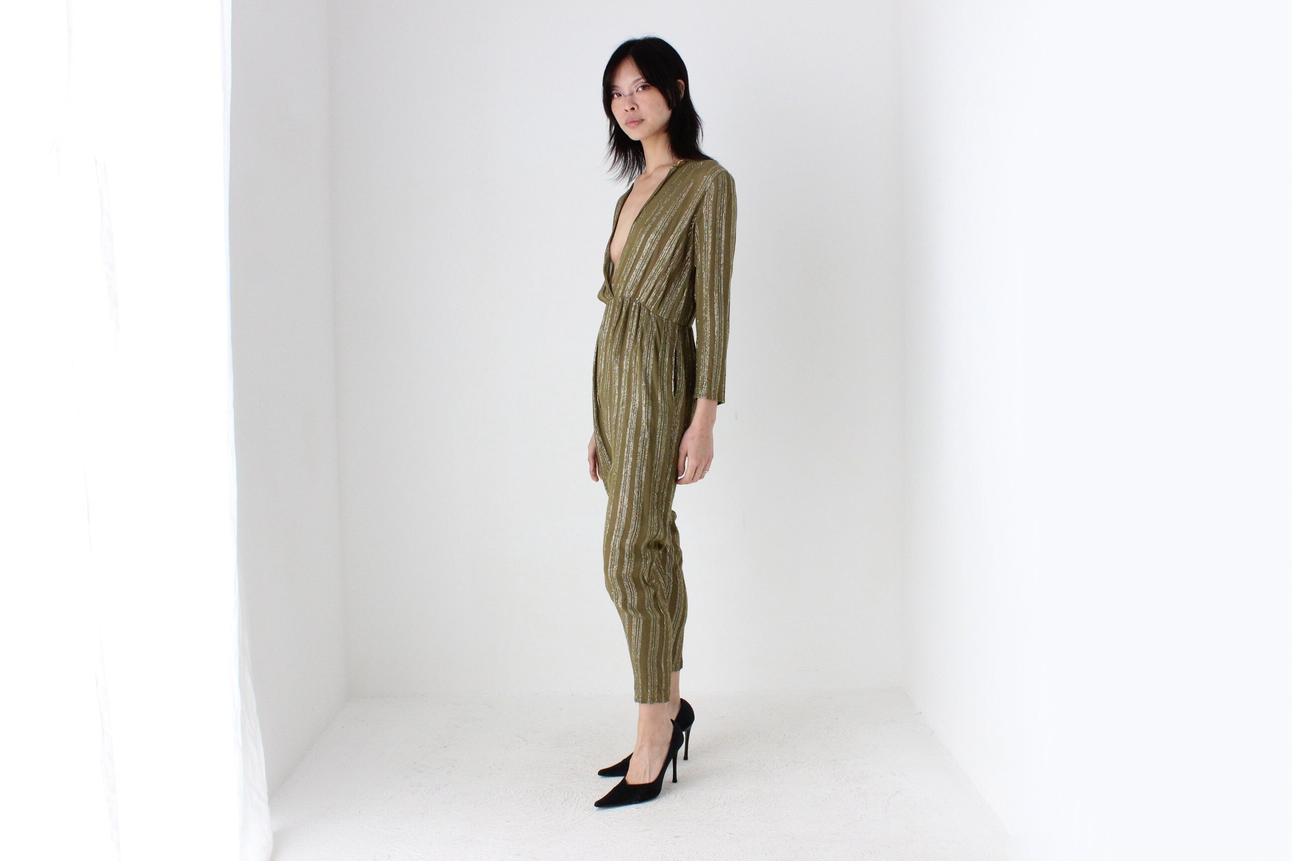 70s Rayon Metallic Lamé STUDIO 54 Plunge Neck Disco Jumpsuit
