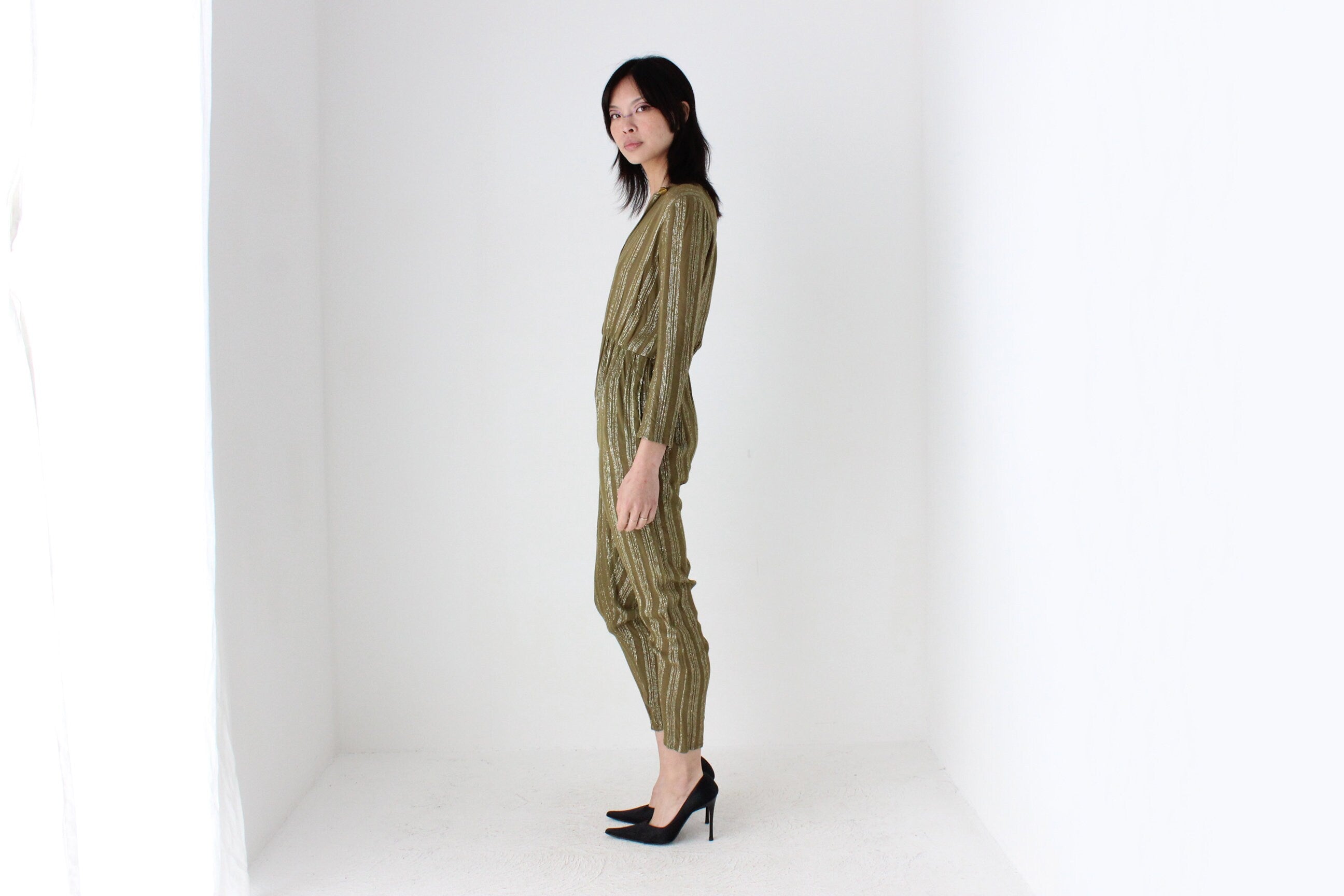 70s Rayon Metallic Lamé STUDIO 54 Plunge Neck Disco Jumpsuit