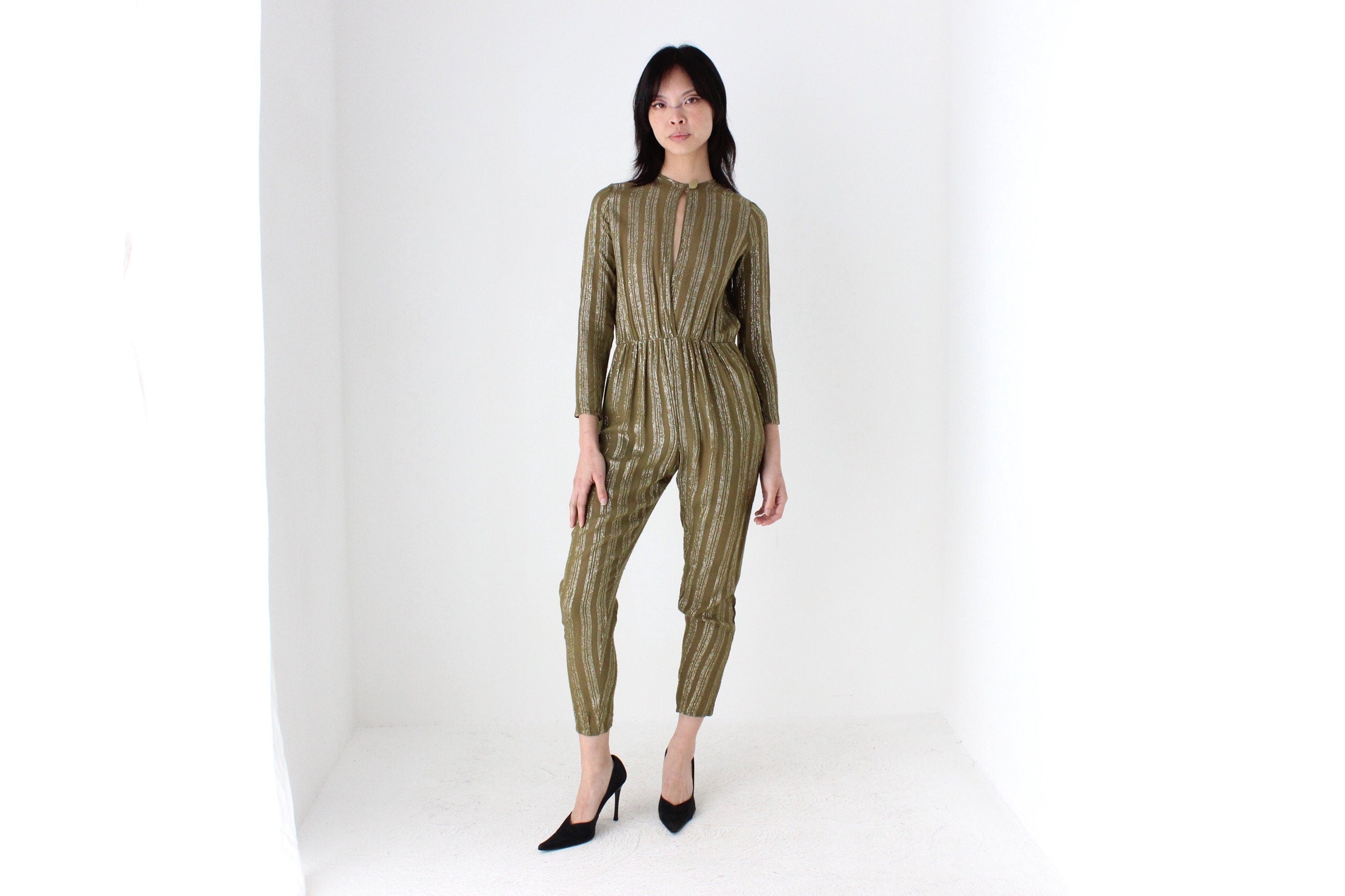 70s Rayon Metallic Lamé STUDIO 54 Plunge Neck Disco Jumpsuit