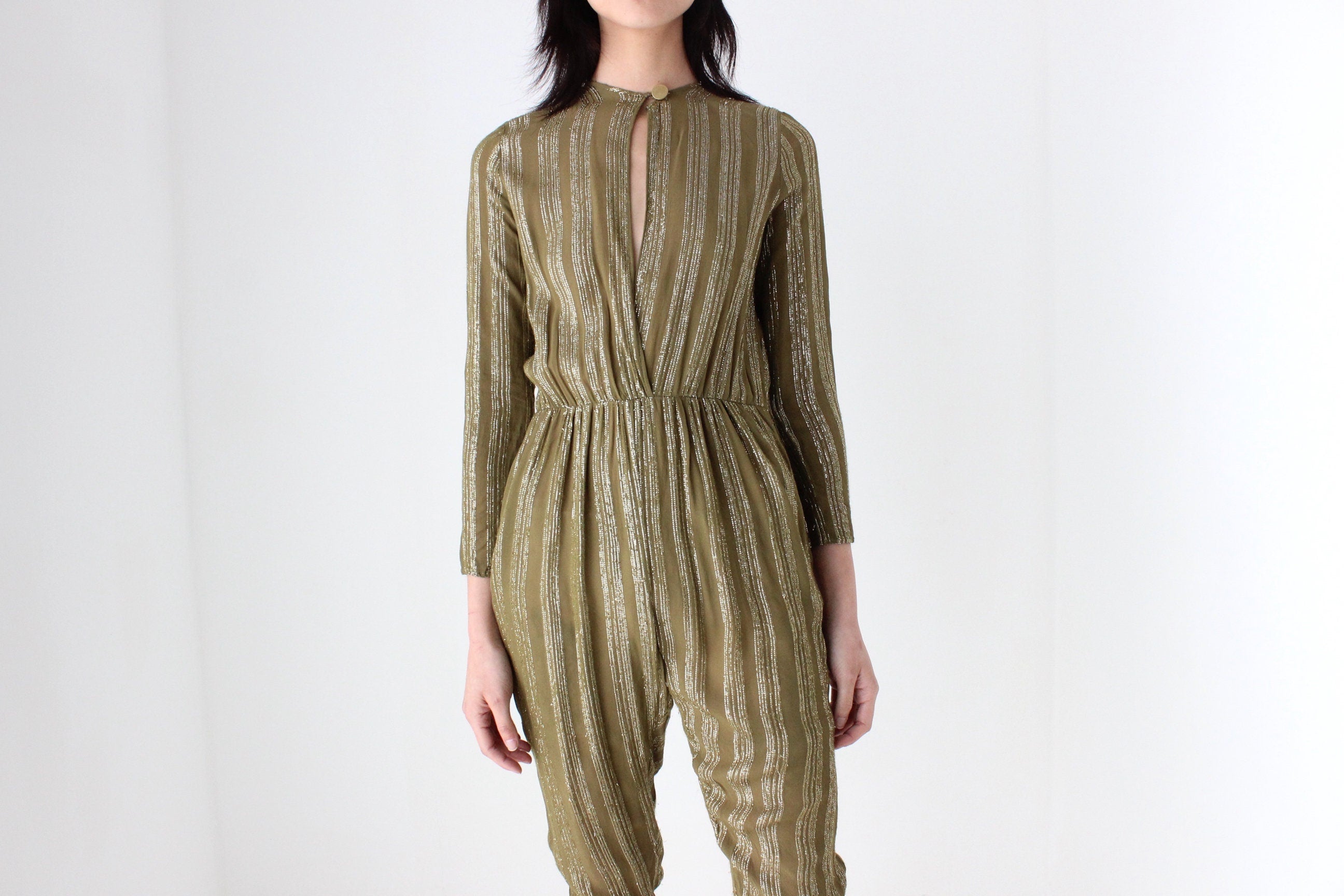 70s Rayon Metallic Lamé STUDIO 54 Plunge Neck Disco Jumpsuit