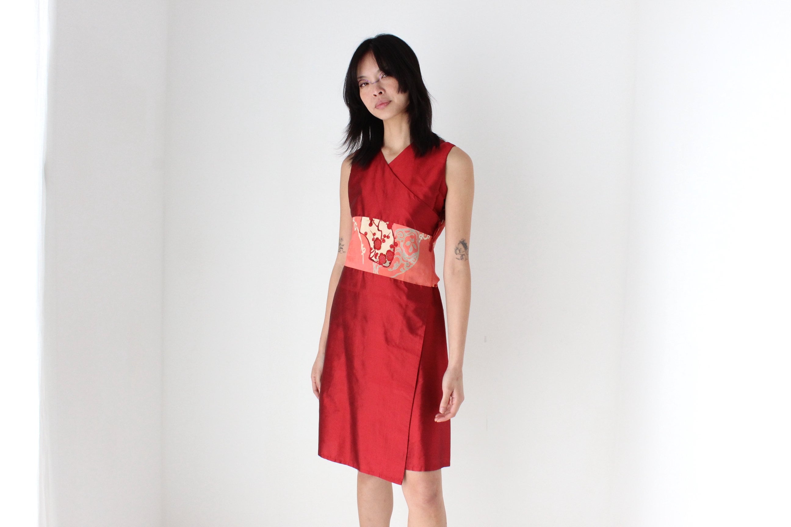 90s Yoshi Jones Raw Silk Wrap Dress w/ Japanese Kimono Silk Sash