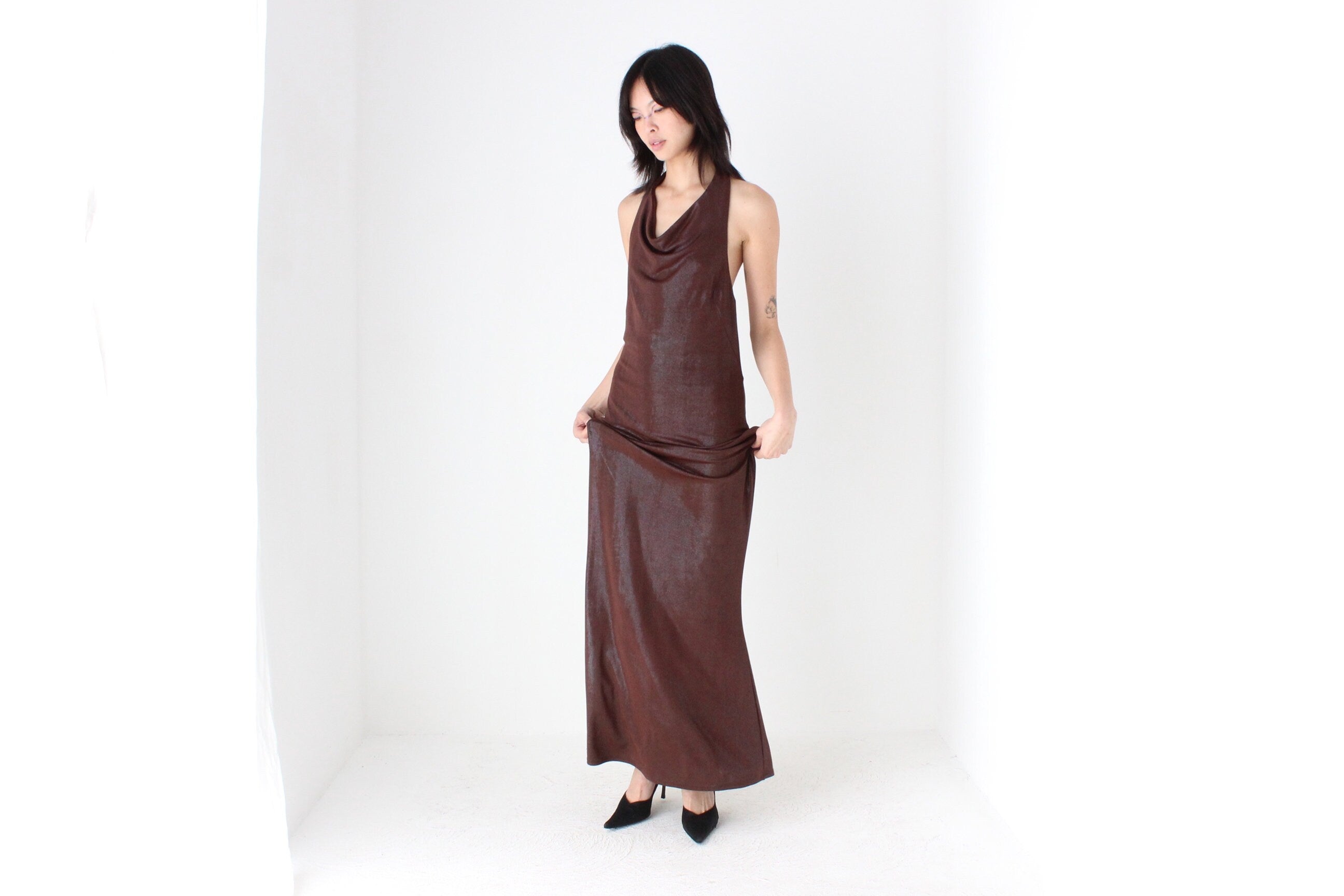 Y2K Slinky Metallic Draped Halter Disco Gown
