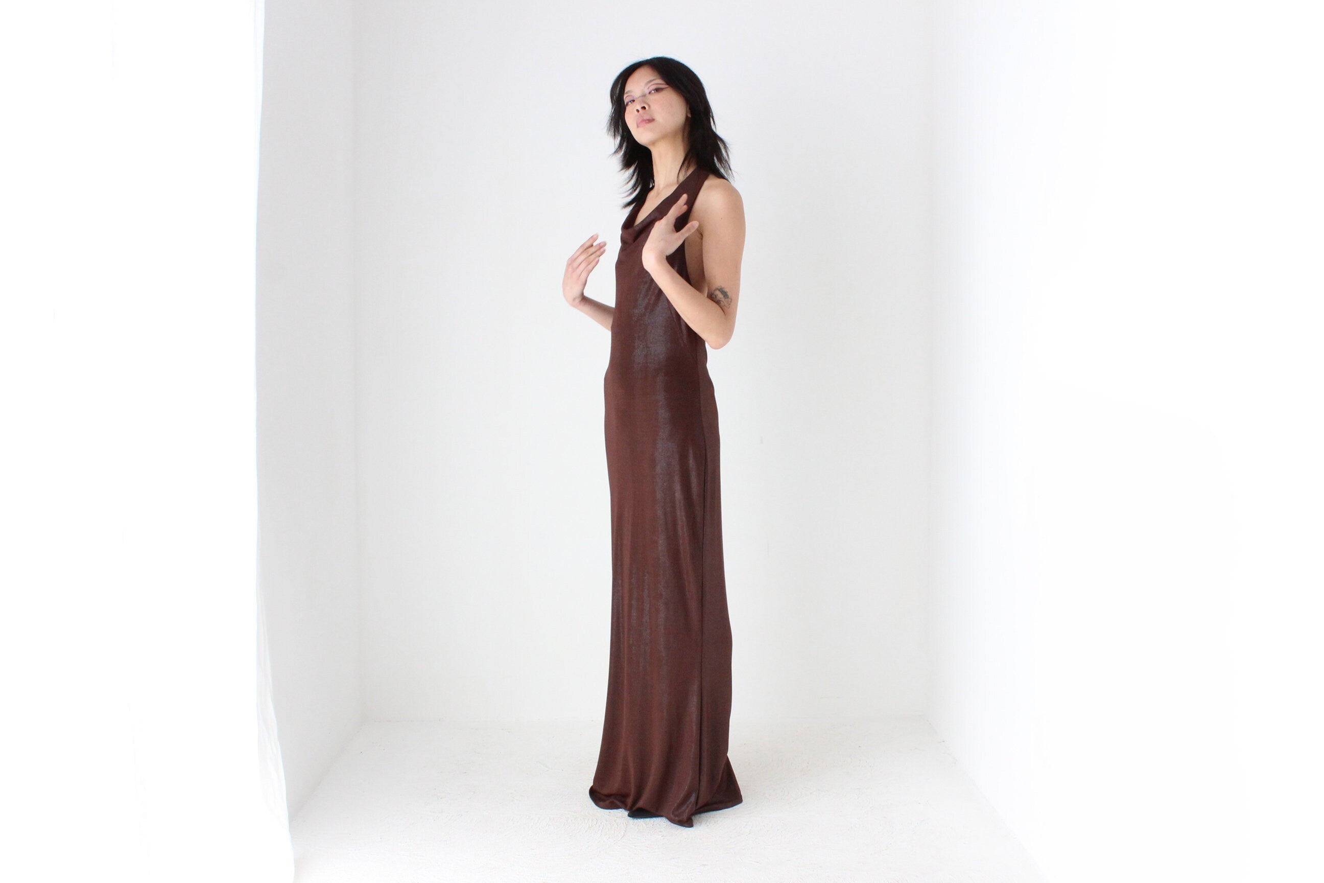 Y2K Slinky Metallic Draped Halter Disco Gown