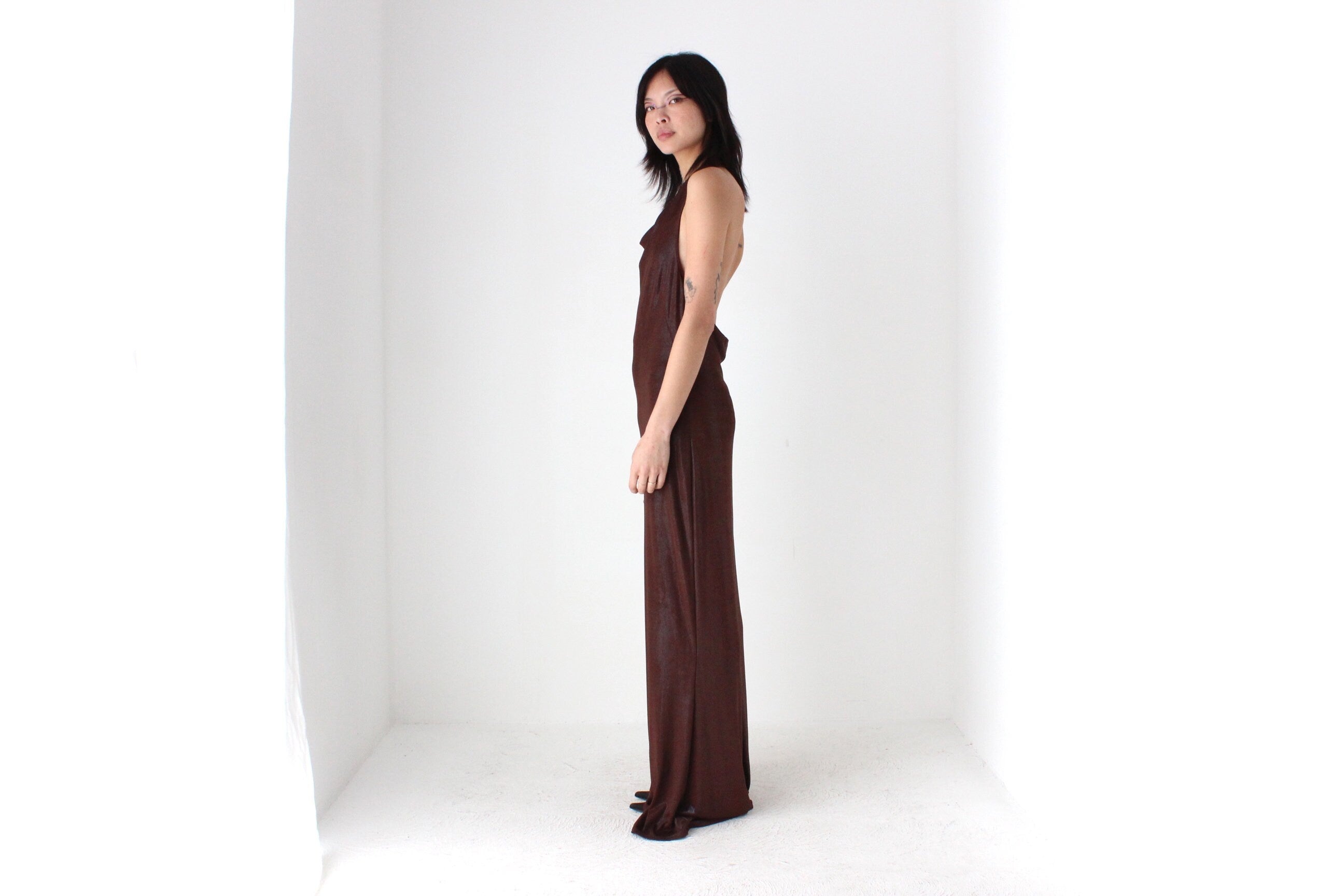 Y2K Slinky Metallic Draped Halter Disco Gown