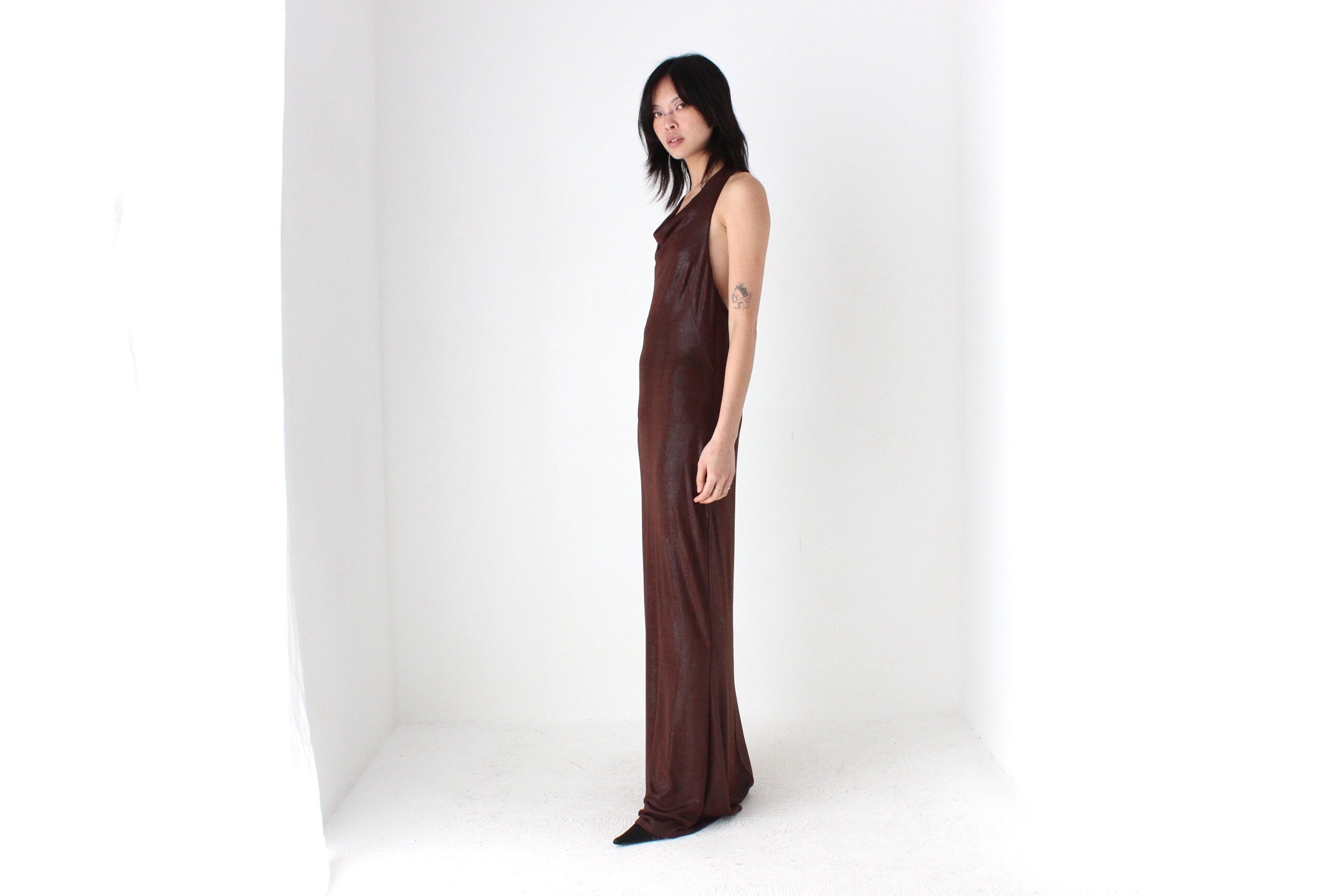 Y2K Slinky Metallic Draped Halter Disco Gown