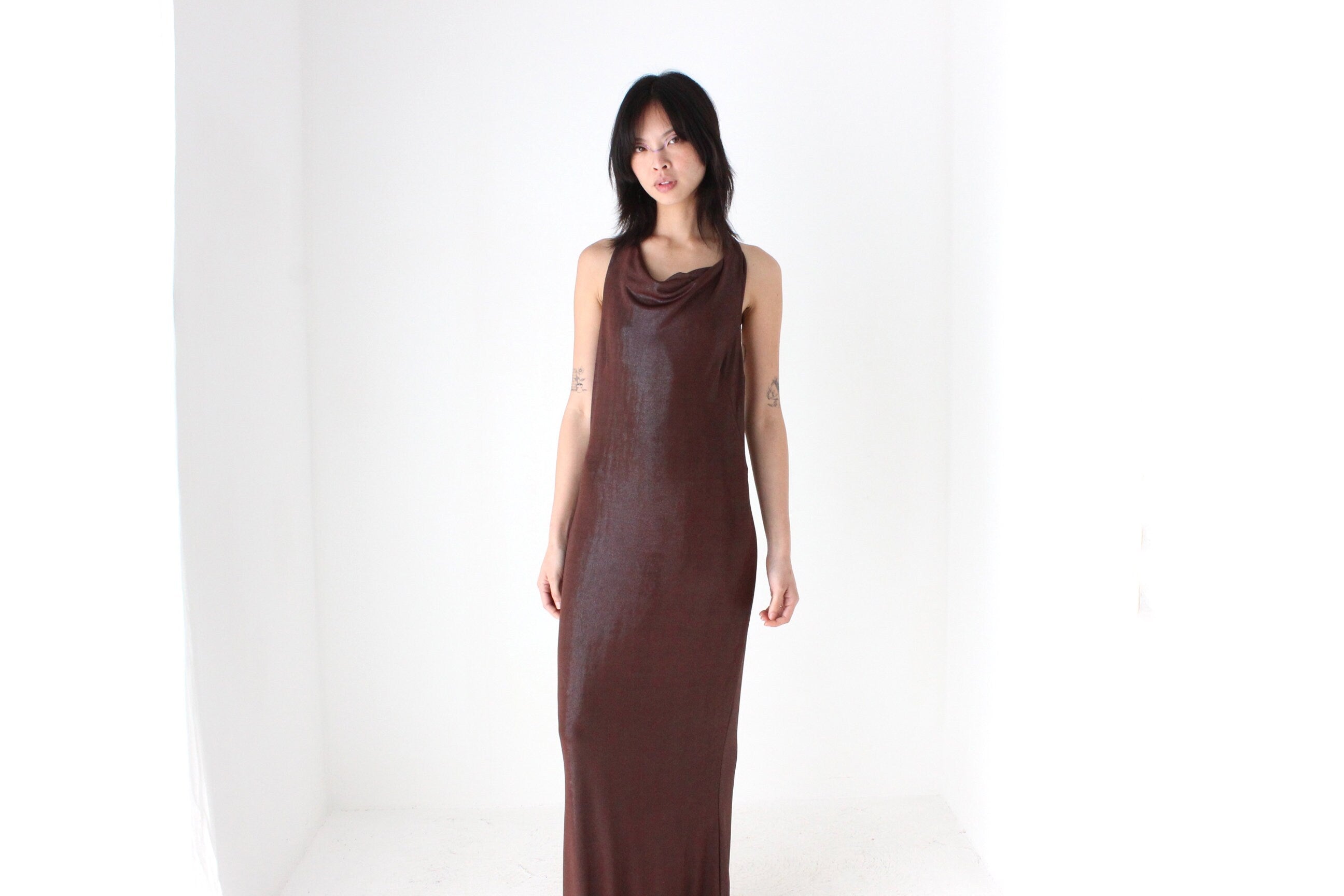 Y2K Slinky Metallic Draped Halter Disco Gown