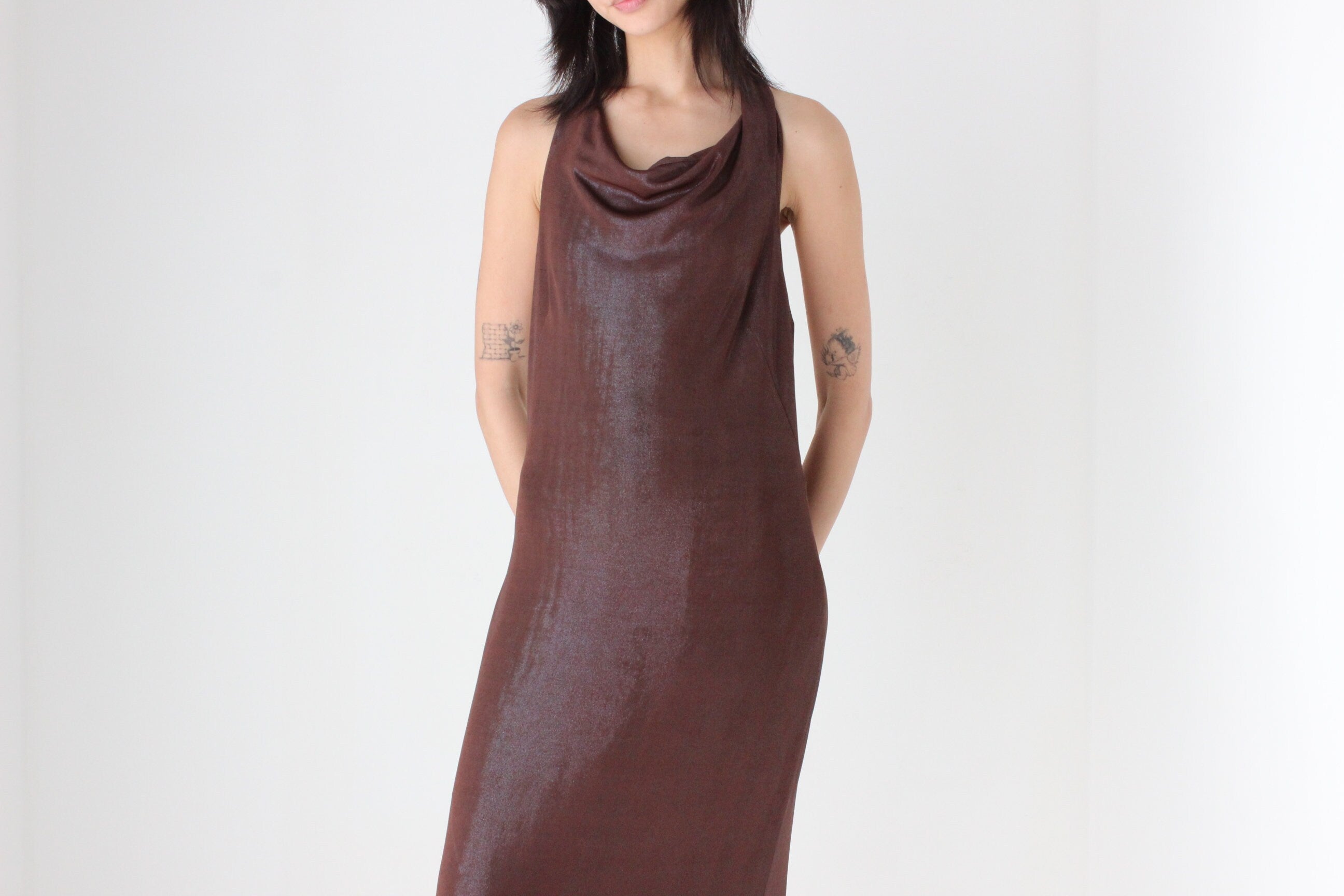 Y2K Slinky Metallic Draped Halter Disco Gown