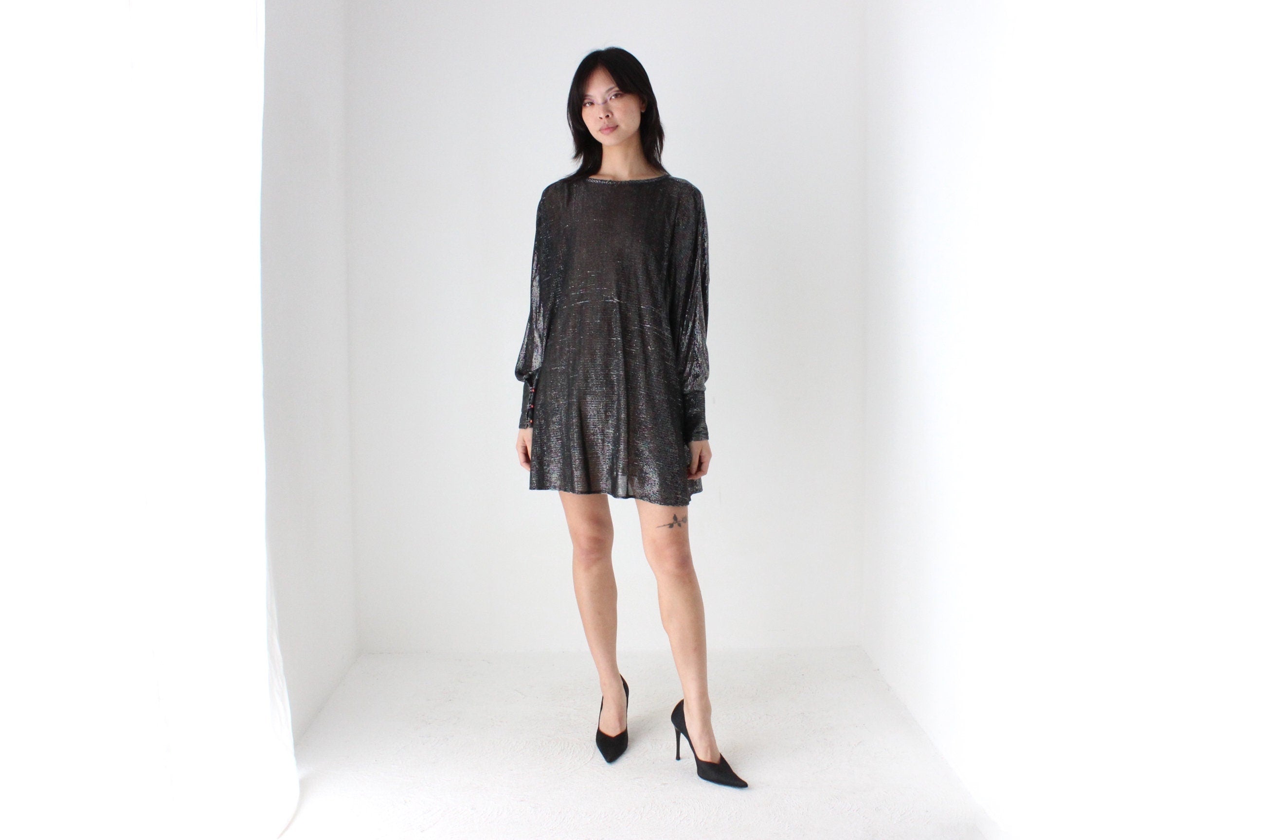 70s Studio 54 Metallic Glam Disco Batwing Mini Dress
