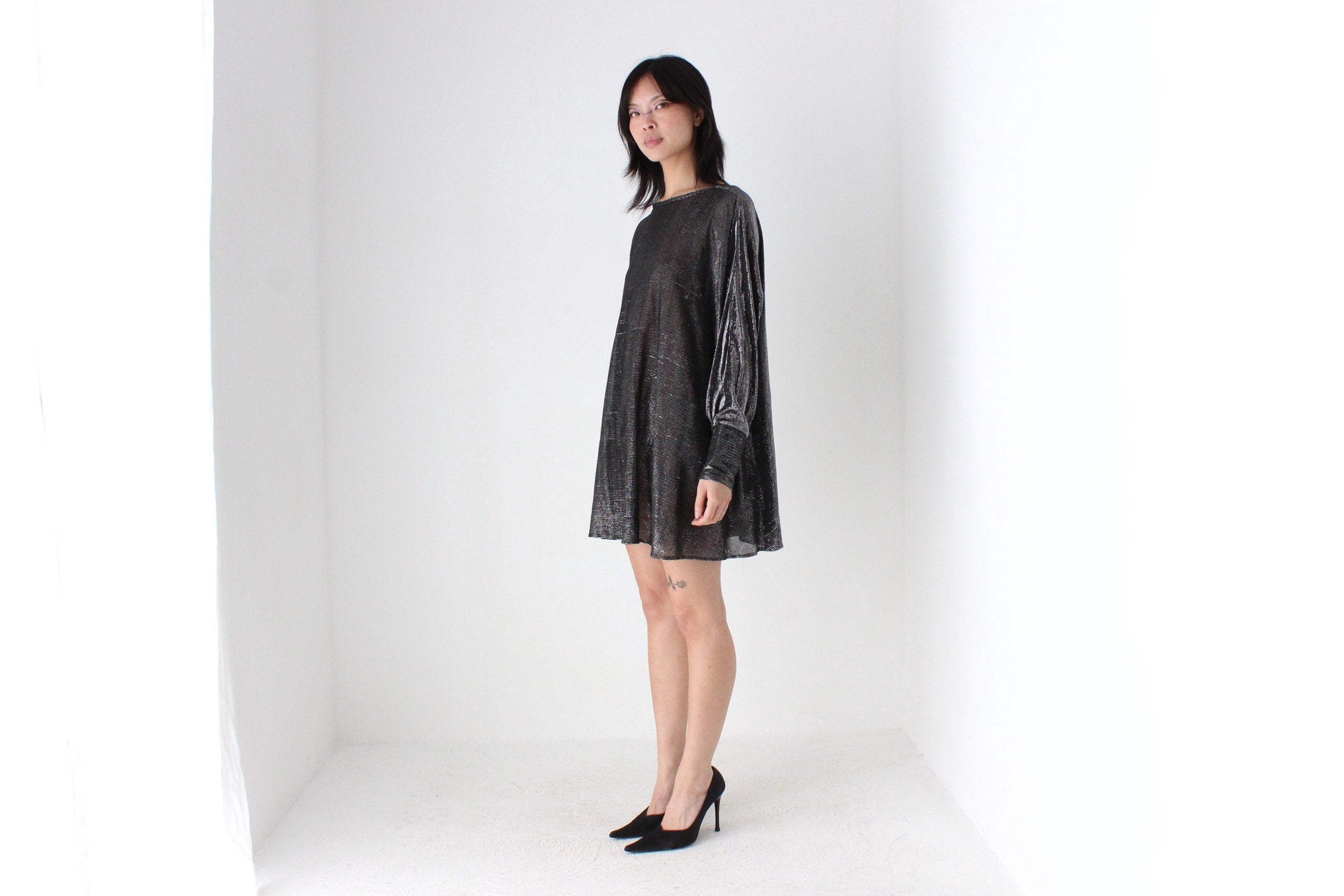 70s Studio 54 Metallic Glam Disco Batwing Mini Dress