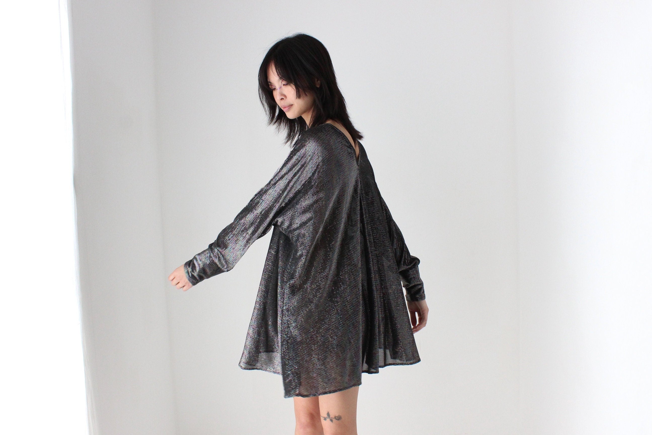 70s Studio 54 Metallic Glam Disco Batwing Mini Dress