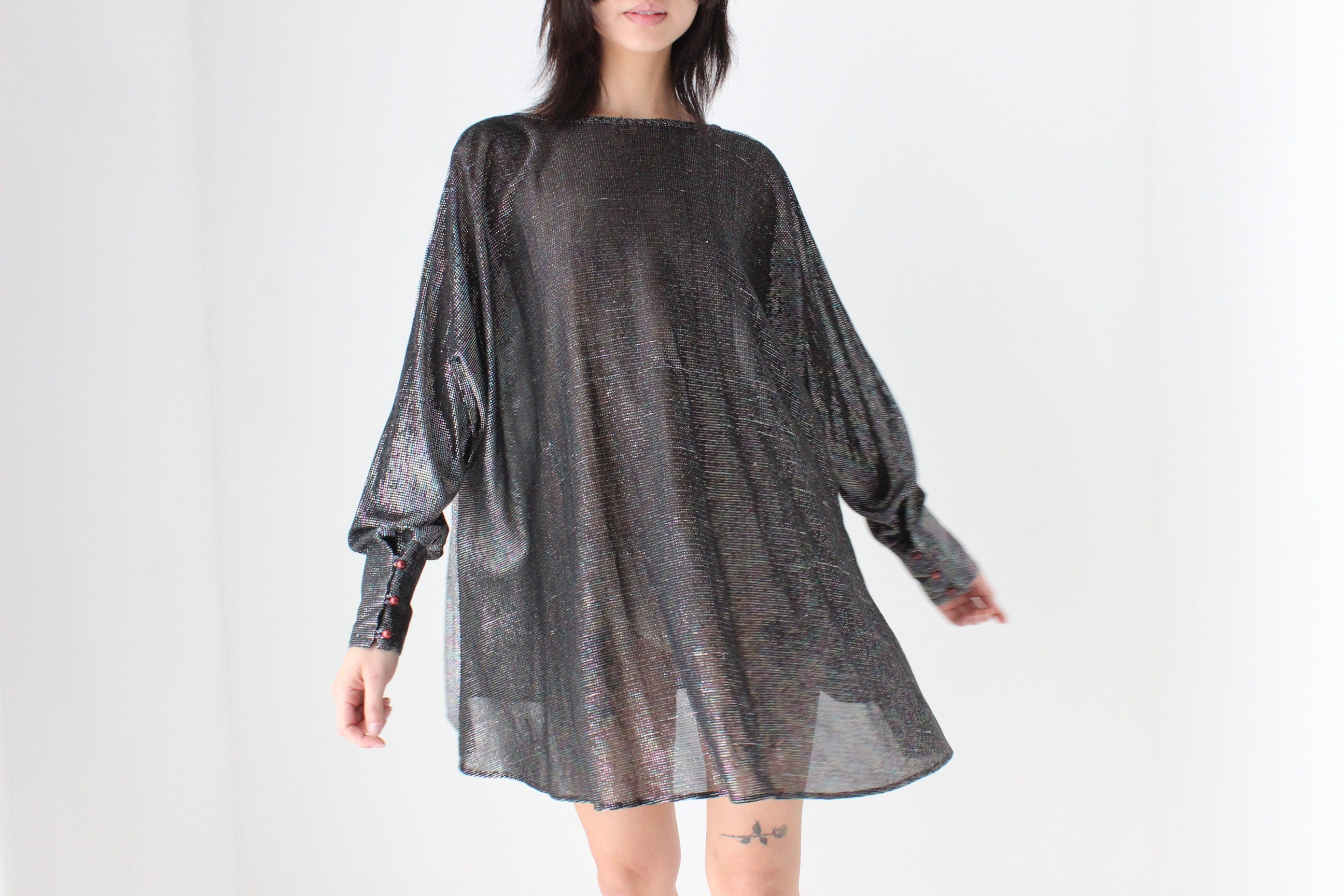 70s Studio 54 Metallic Glam Disco Batwing Mini Dress
