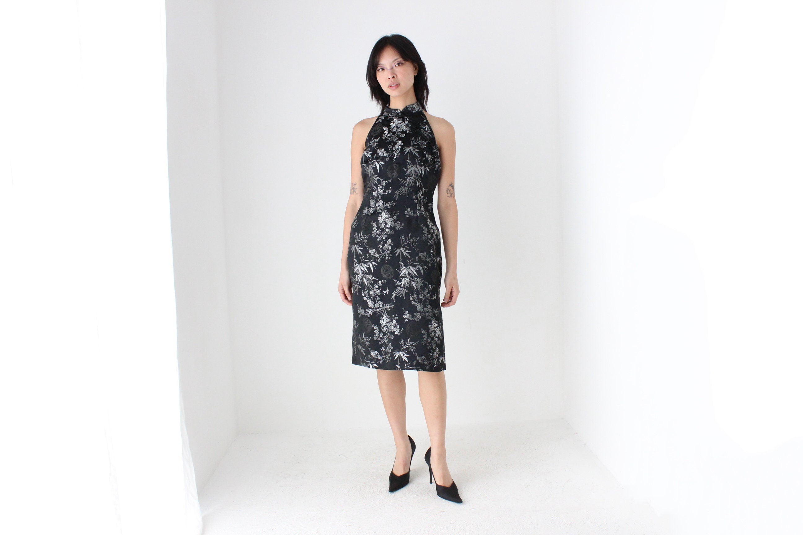 90s Chinese Satin Black + Silver Wiggle Fitted Dress