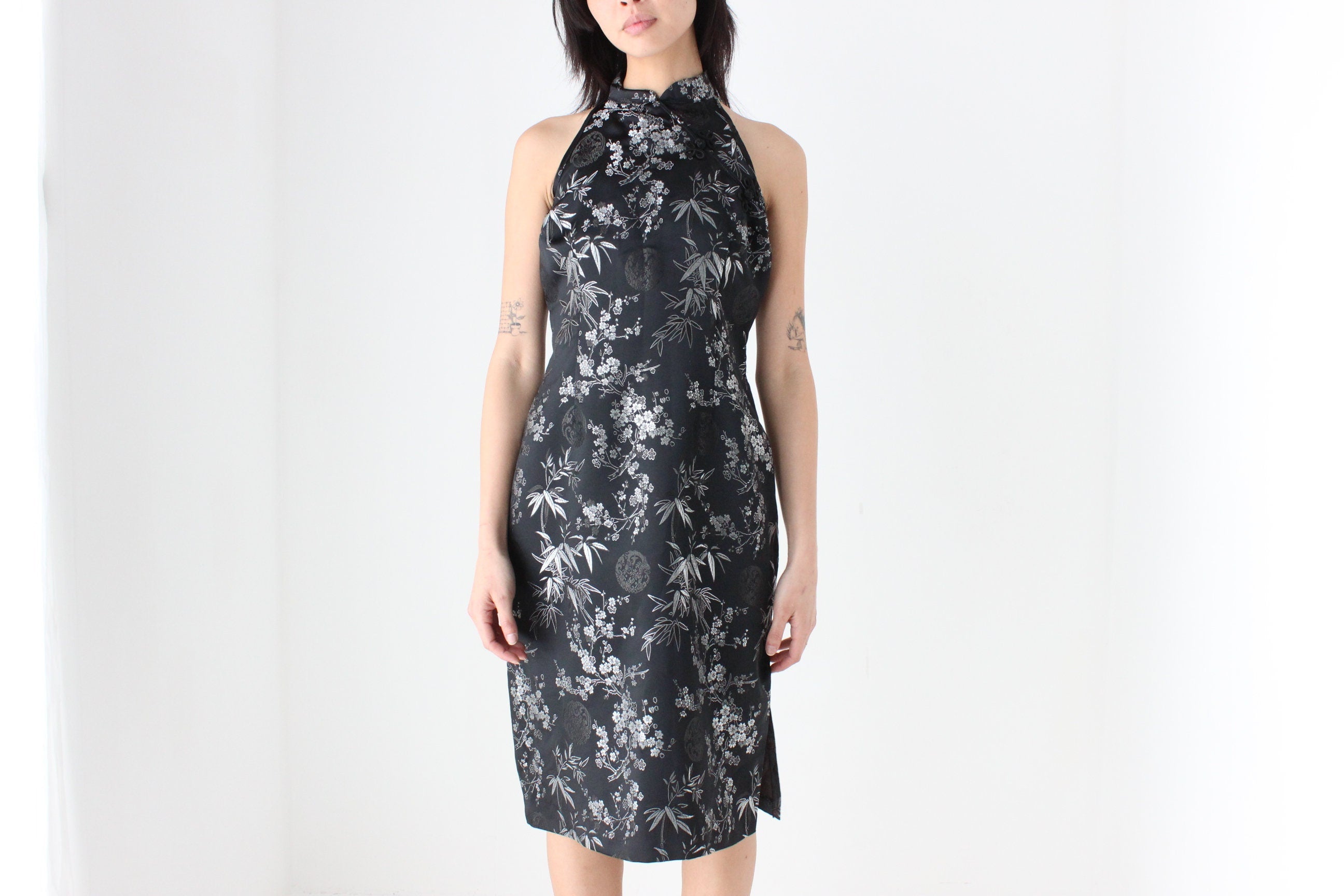 90s Chinese Satin Black + Silver Wiggle Fitted Dress