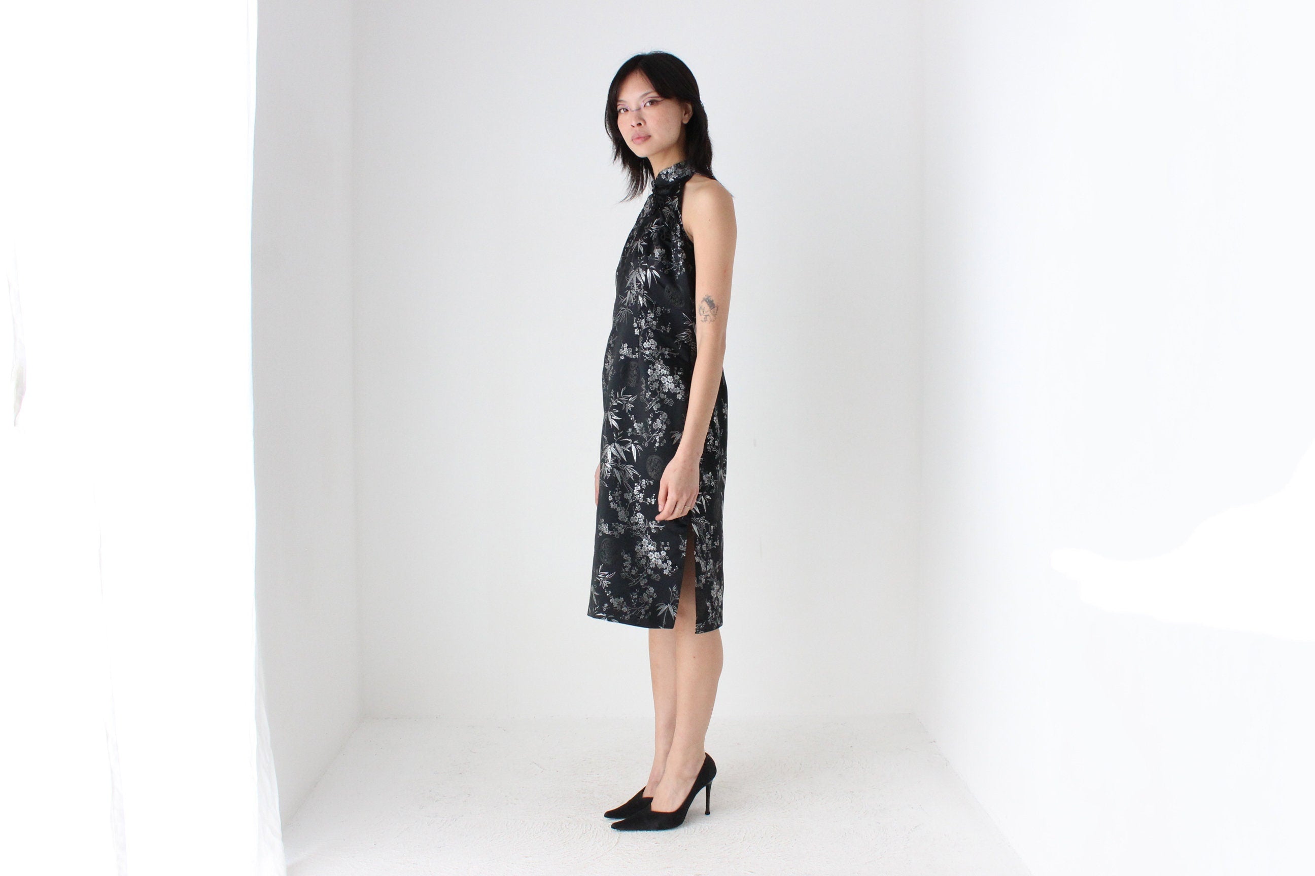 90s Chinese Satin Black + Silver Wiggle Fitted Dress