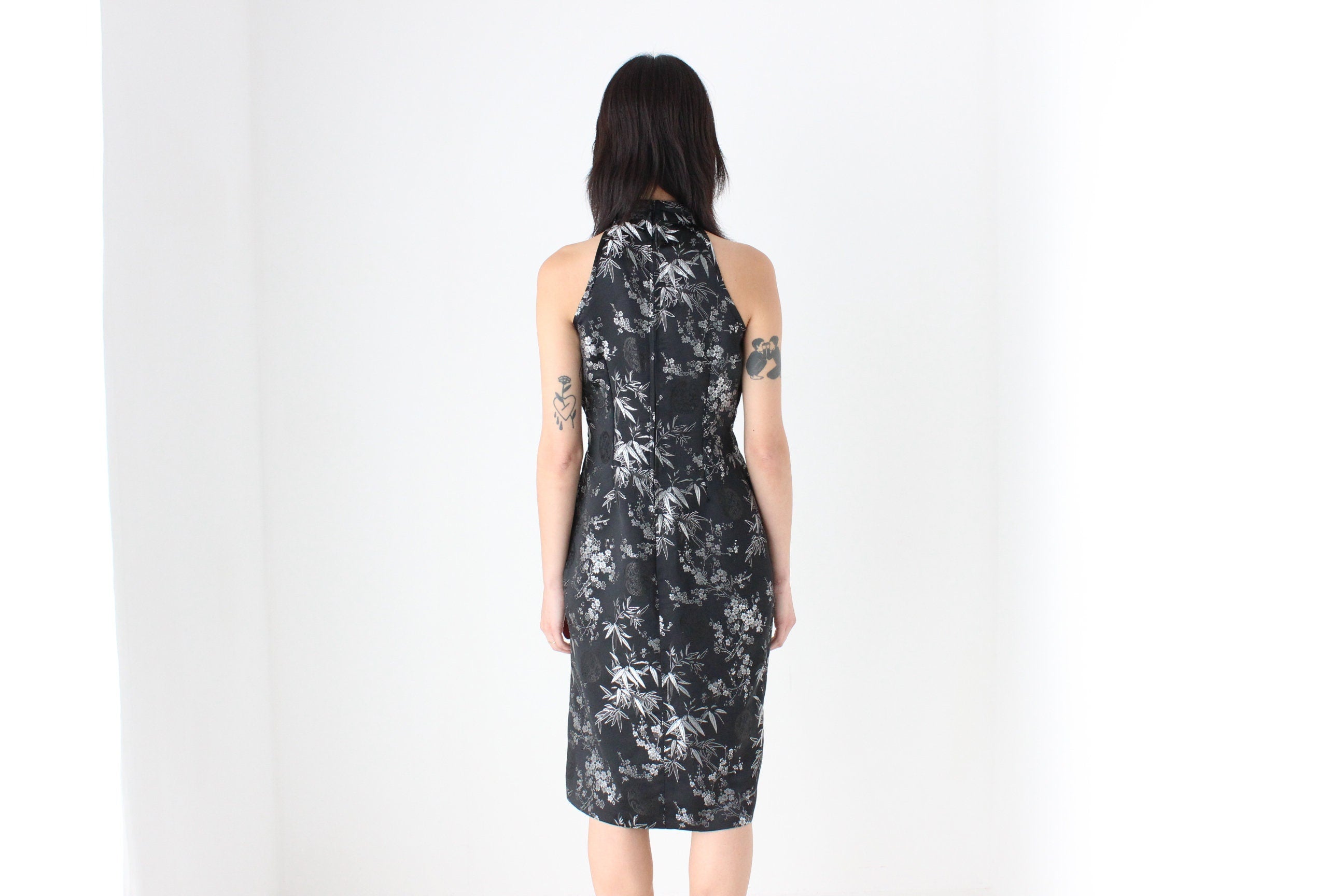 90s Chinese Satin Black + Silver Wiggle Fitted Dress