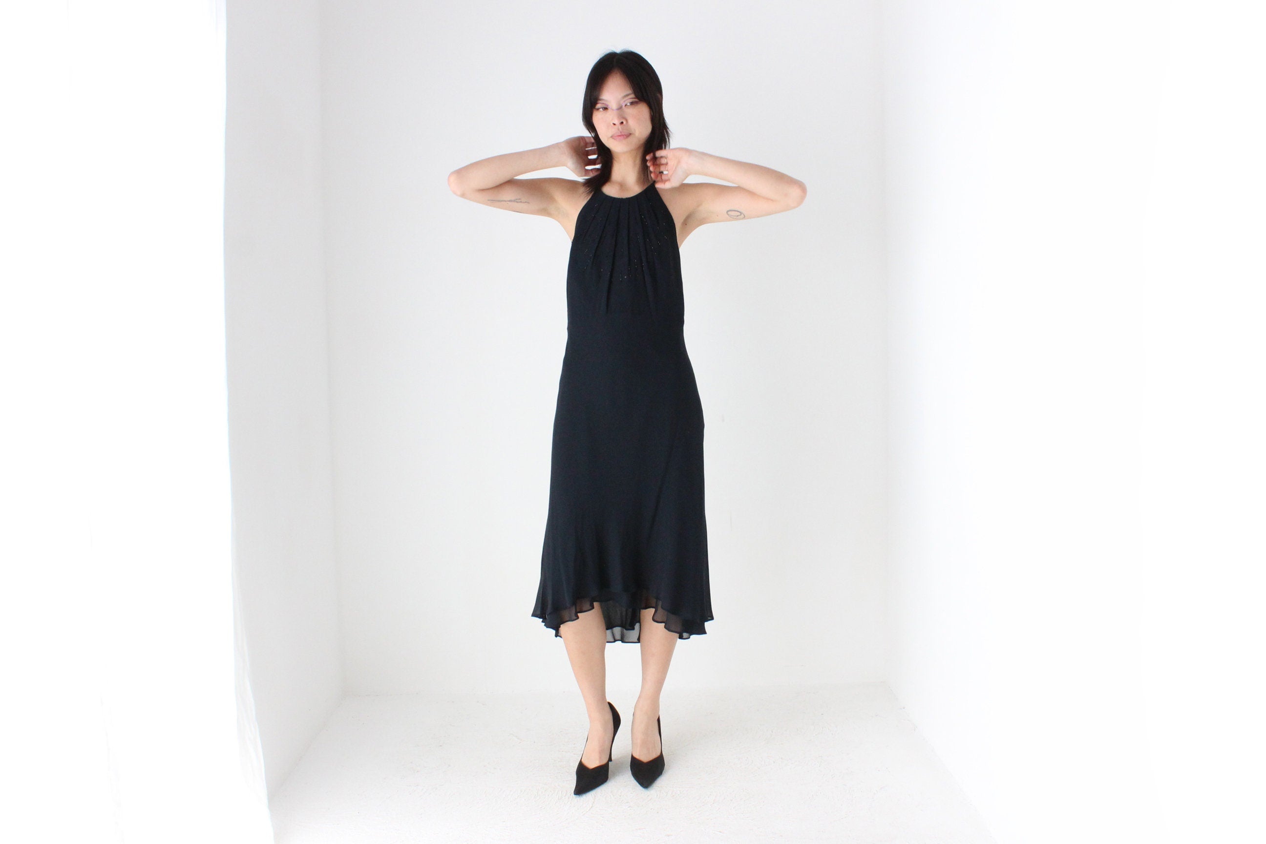 Y2K Pure Silk Georgette Halter Dress w/ Beading