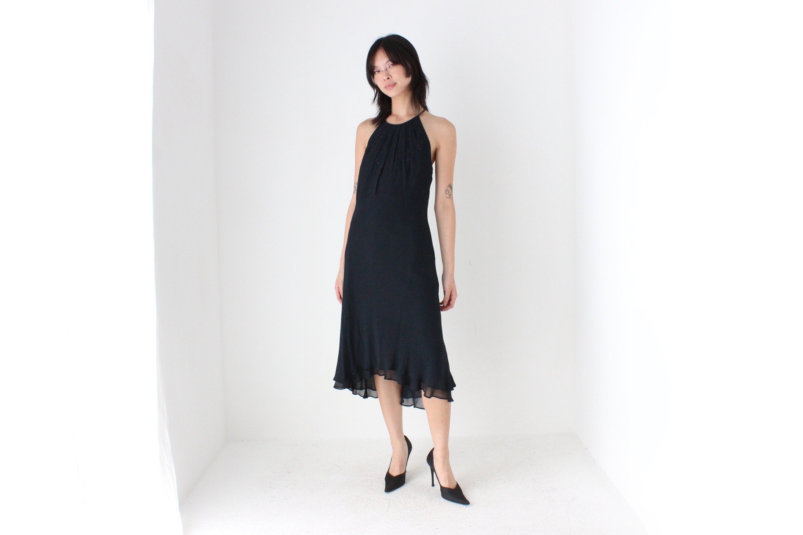 Y2K Pure Silk Georgette Halter Dress w/ Beading