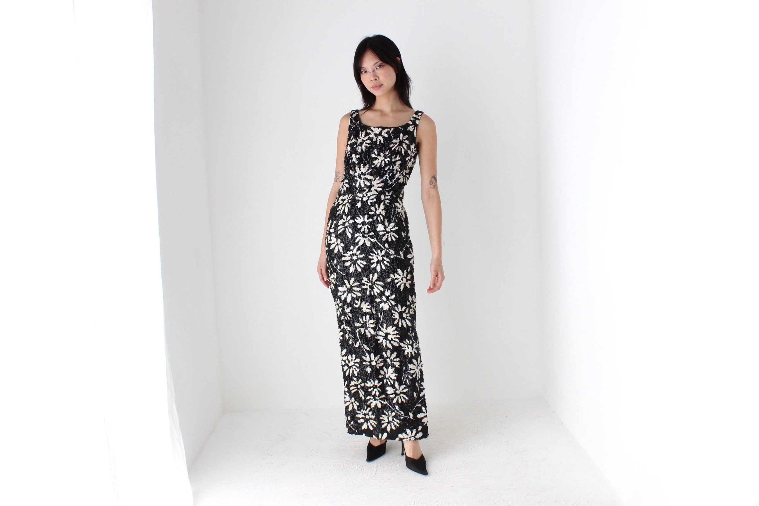 60s SEQUIN Flower Pattern Hand Sewn Party Dress