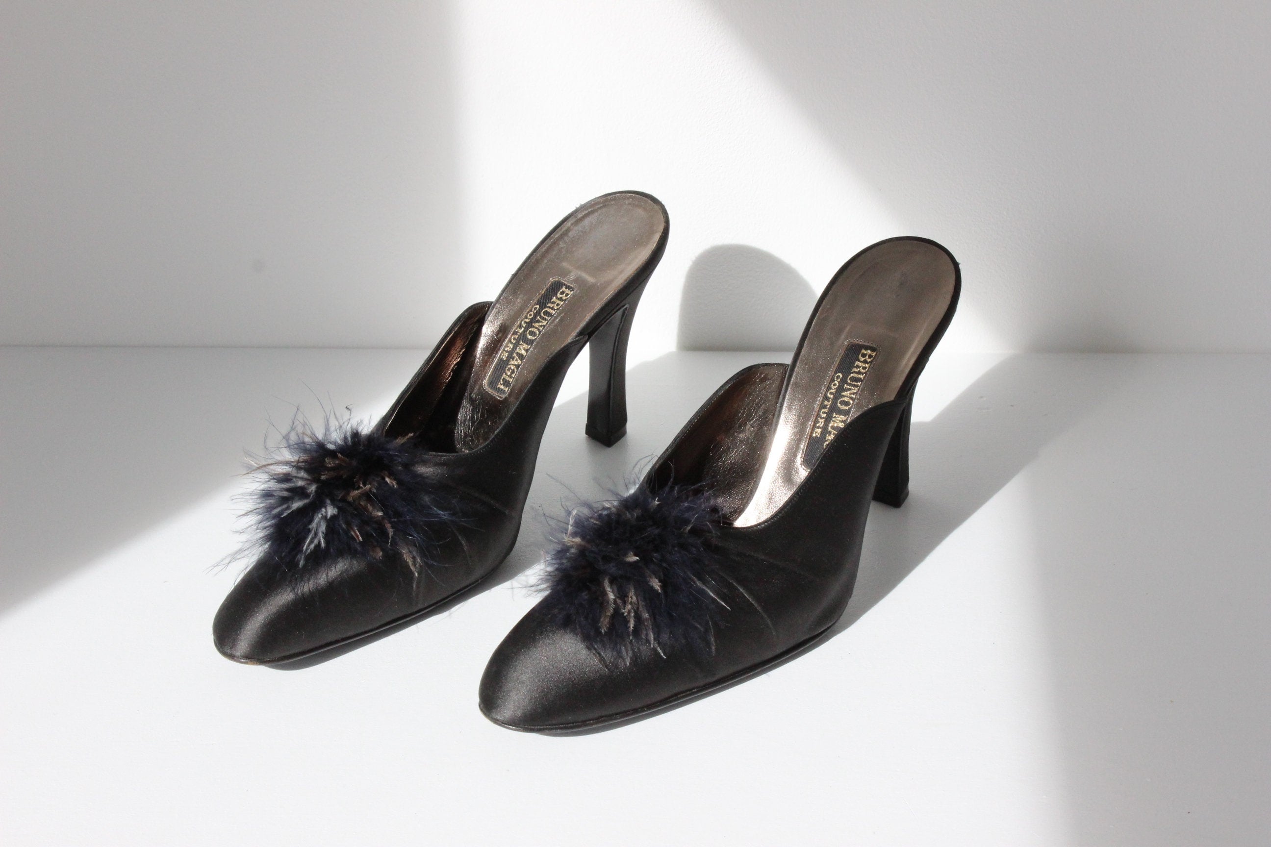 80s Bruno Magli Couture Satin & Feather Puff Heels ~ Euro 39