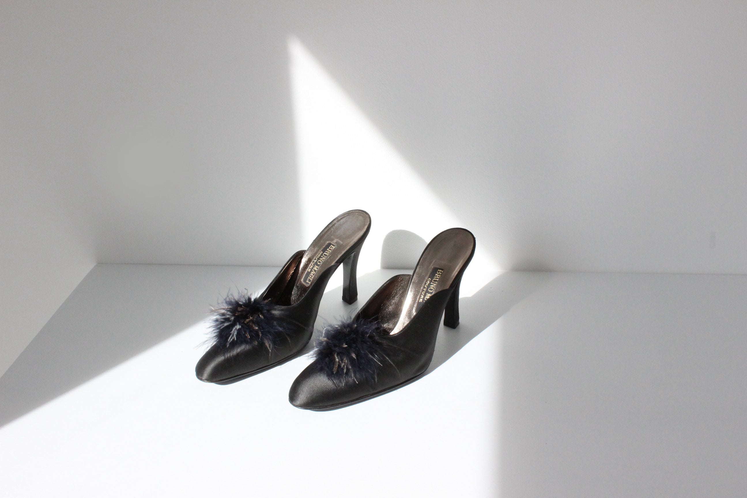 80s Bruno Magli Couture Satin & Feather Puff Heels ~ Euro 39