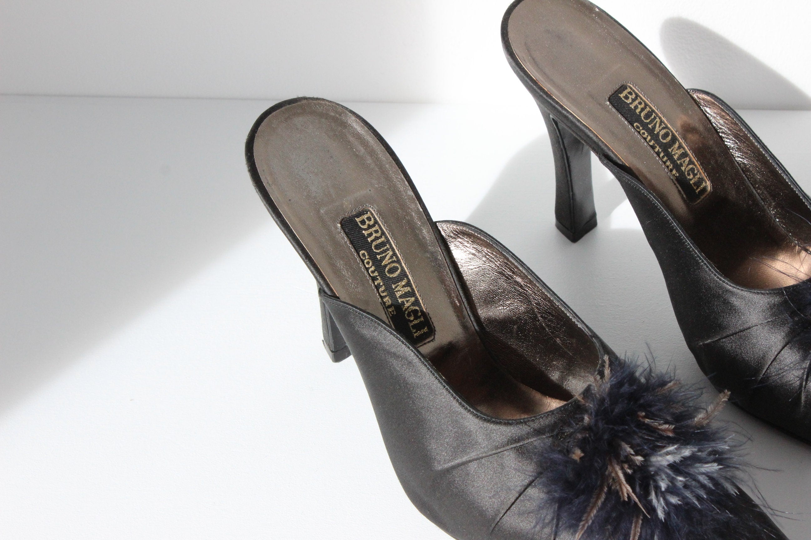 80s Bruno Magli Couture Satin & Feather Puff Heels ~ Euro 39