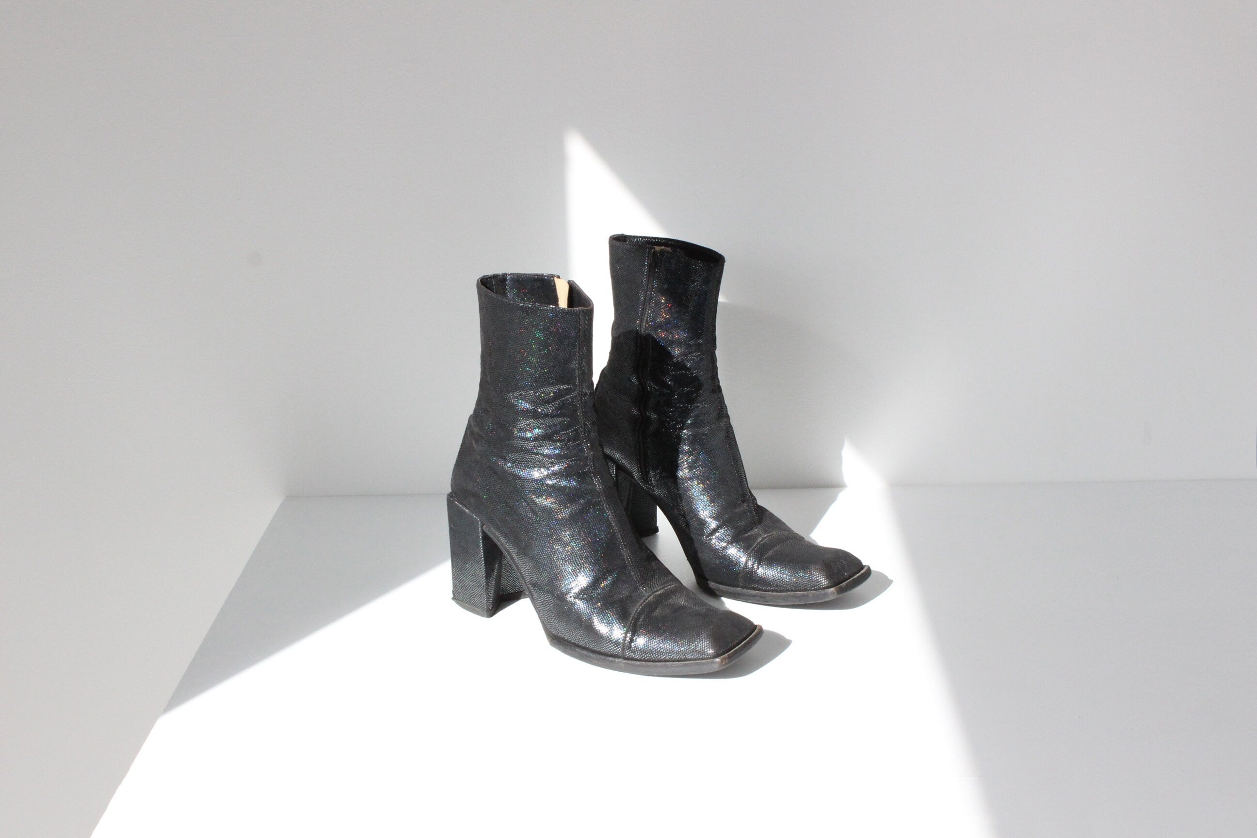 90s Michel Perry Holographic Leather Boots w/ Block Heel ~ Euro 39