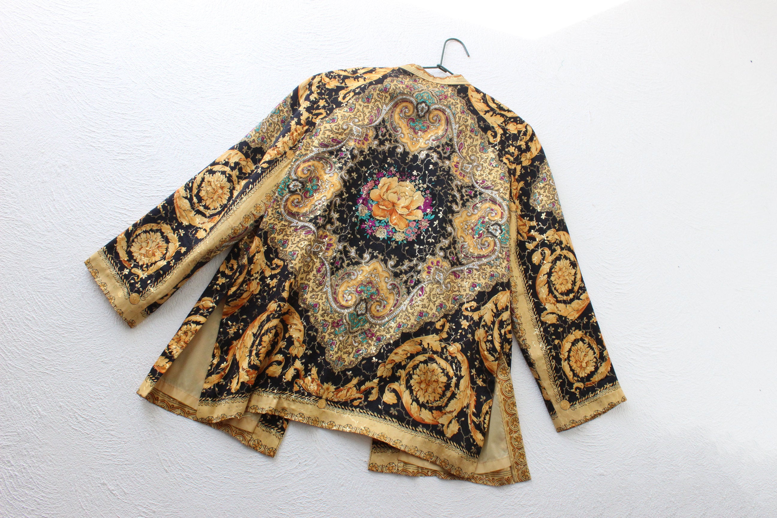 80s Pure Silk Baroque Print Mandarin Collar Quilted Jacket