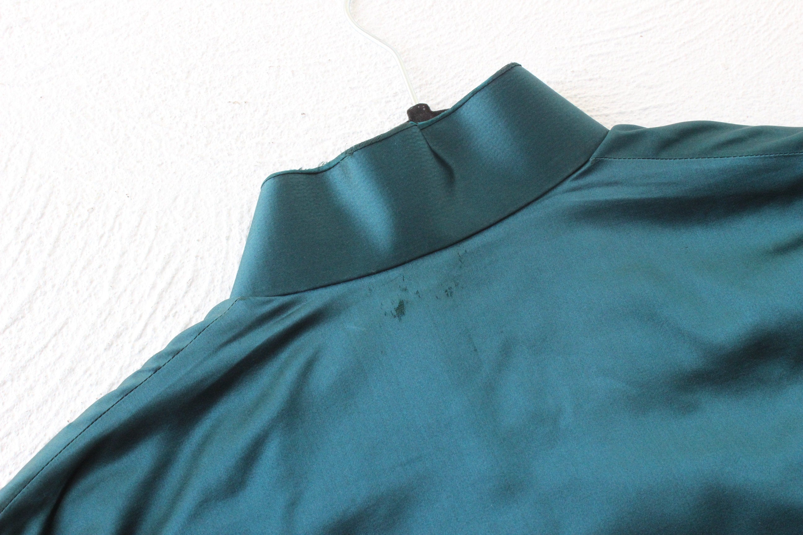 80s PURE SILK Metallic Teal Cheongsam Collar Mini Dress